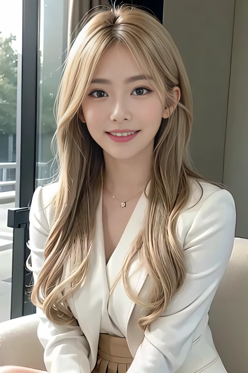 (8,000; Best Quality: 1.2), (Realistic, Realistic: 1.2), Lovely, Solo, Sky is Beautiful and Clear, Night, Moisture, Watching the Audience, (Sit: 1.5) Date, Mirai, (Nose Brush), (Smile: 1.15), Delicate eye (Deep Blonde: 1), Floating Hair Nova FrogStyle, White Suit Jacket, Burton T-shirt, Beige Pleats Skirt, Makeup, Lover's Smile, Beautiful (8,000, Yes, RAW Photo: 1.2