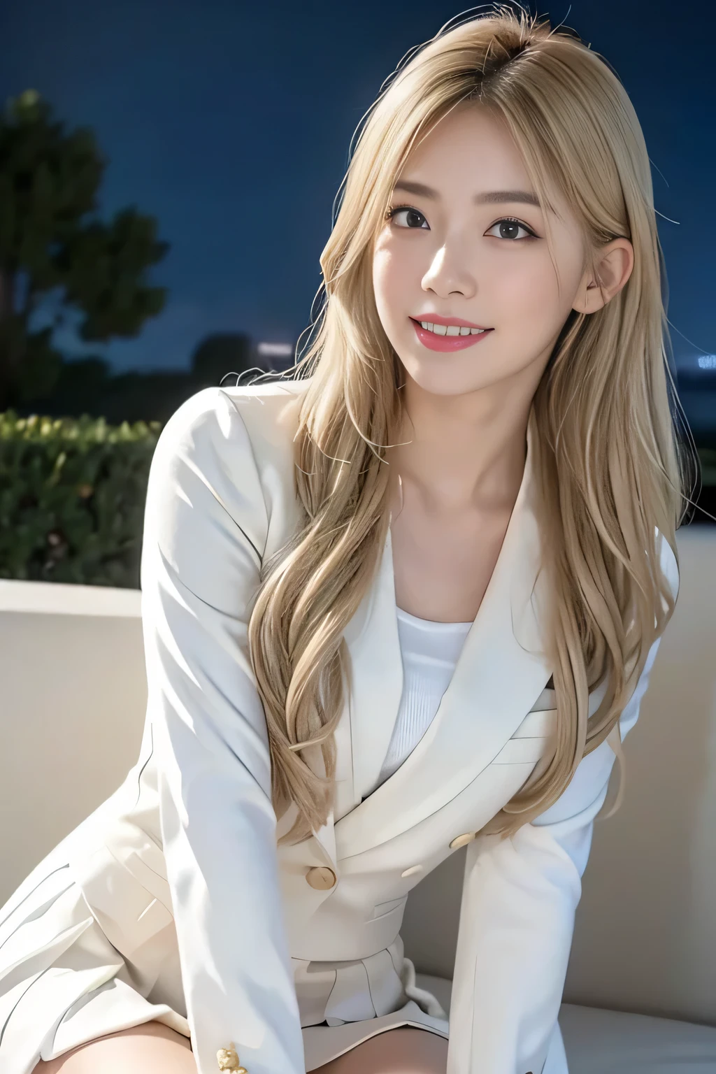(8,000; Best Quality: 1.2), (Realistic, Realistic: 1.2), Lovely, Solo, Sky is Beautiful and Clear, Night, Moisture, Watching the Audience, (Sit: 1.5) Date, Mirai, (Nose Brush), (Smile: 1.15), Delicate eye (Deep Blonde: 1), Floating Hair Nova FrogStyle, White Suit Jacket, Burton T-shirt, Beige Pleats Skirt, Makeup, Lover's Smile, Beautiful (8,000, Yes, RAW Photo: 1.2
