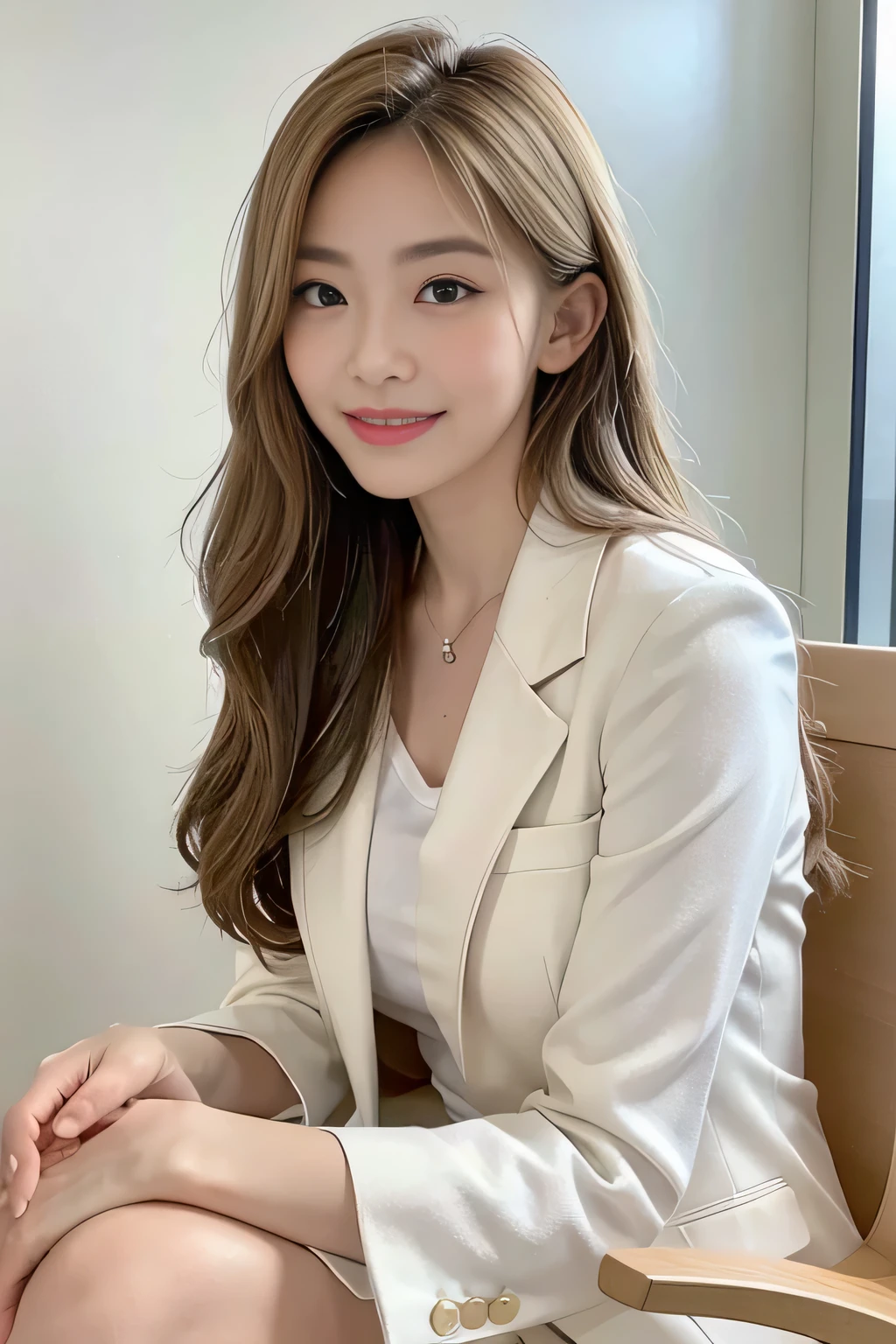 (8,000; Best Quality: 1.2), (Realistic, Realistic: 1.2), Lovely, Solo, Sky is Beautiful and Clear, Night, Moisture, Watching the Audience, (Sit: 1.5) Date, Mirai, (Nose Brush), (Smile: 1.15), Delicate eye (Deep Blonde: 1), Floating Hair Nova FrogStyle, White Suit Jacket, Burton T-shirt, Beige Pleats Skirt, Makeup, Lover's Smile, Beautiful (8,000, Yes, RAW Photo: 1.2