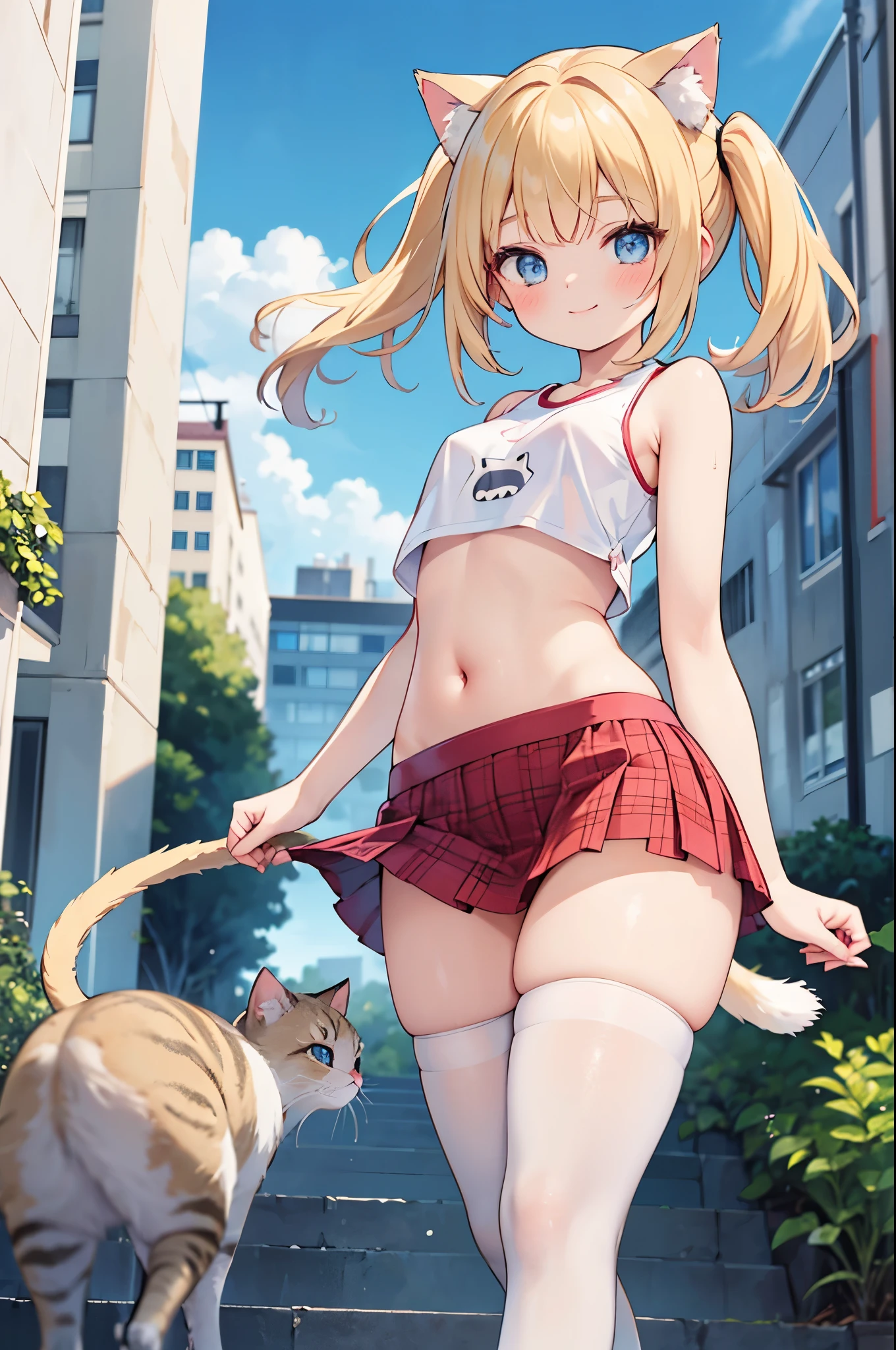 realistic image, coherent image, detailed image, 1 beautiful girl, She has blonde hair, long, silky hair styled with two heart-shaped pigtails, blue eyes, she has cat ears, a cat tail, her face is oval and delicate , smiling shyly. She is wearing a short, sleeveless, navel-baring t-shirt, plaid mini skirt, mid-thigh stockings, and sneakers. She has a curvy body, small breasts, thick thighs, seen from behind. surrounded by buildings, windy day,