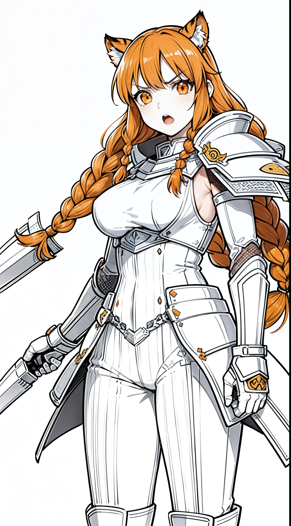 1girl,20 years old,solo,mature female,tiger ears,long hair,(twin braids),(orange hair),templar knight armor,(white background,line drawing),angry,open mouth,cowboy shot