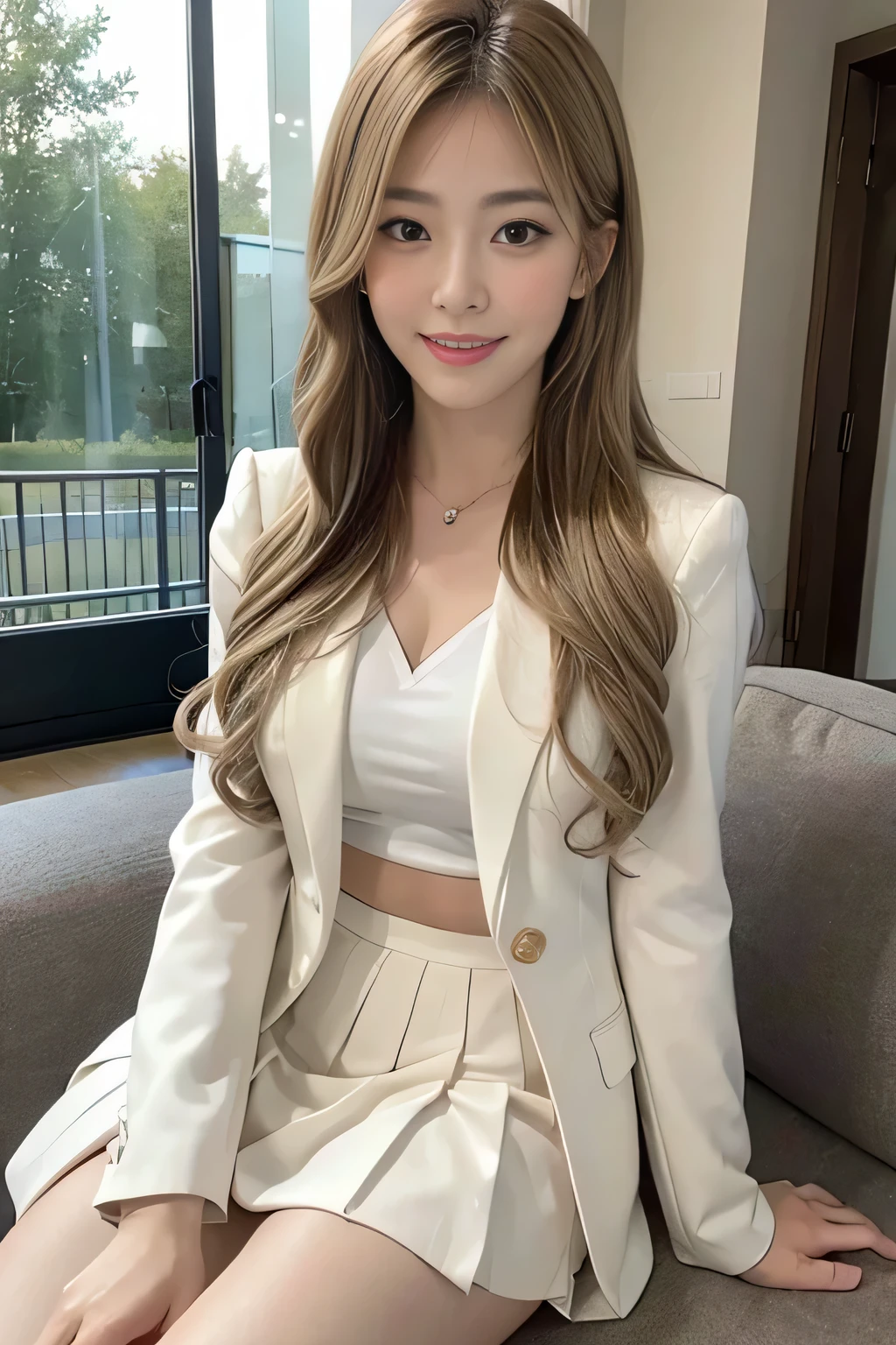 (8,000; Best Quality: 1.2), (Realistic, Realistic: 1.2), Lovely, Solo, Sky is Beautiful and Clear, Night, Moisture, Watching the Audience, (Sit: 1.5) Date, Mirai, (Nose Brush), (Smile: 1.15), Delicate eye (Deep Blonde: 1), Floating Hair Nova FrogStyle, White Suit Jacket, Burton T-shirt, Beige Pleats Skirt, Makeup, Lover's Smile, Beautiful (8,000, Yes, RAW Photo: 1.2