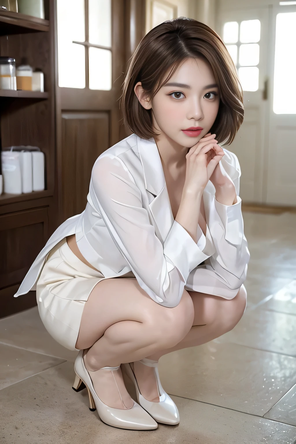 (8K, highest quality, masterpiece:1.2), (actual, realistic:1.37), Super detailed,
1 girl,Lovely, alone,beautiful and detailed sky,Cafe details,sitting,obsolete,(smile:1.15),(please keep your mouth shut) small breasts,beautiful and delicate eyes,(collared shirt:1.1), white shirt, pleated skirt,black领,black,white lace, beautiful feet,(super realistic pantyhose:1.3), button suddenly opens
(Short hair details:1.2),flowing hair ,new frog style,,white skin,light,Bedroom,bedridden