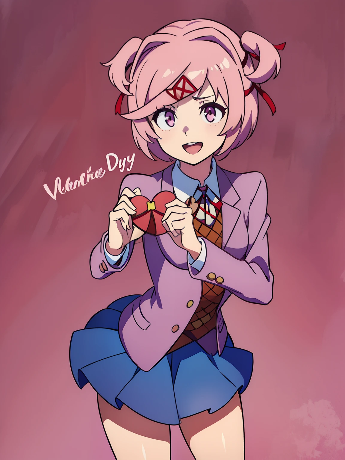 smiling, highres, 4k, Sayori, (2d, masterpiece, best quality, anime, highly detailed, cowboy shot, 2girls, solo, Natsuki, Yuri, pink eyes, pink hair, short hair, hair clip, purple eyes, king purple hair, two side up, hair ornament, school uniform, blazer, brown sweater, collared shirt, neck ribbon, blue skirt, standing, clenched hands, :d, classroom looking at viewer, ((Valentine)), ((Valentines Day)), Valentines Chocolate, ((chocolates)), color background