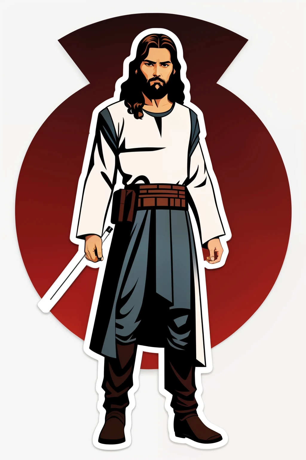 A full-body depiction of Jesus as a rebellious character straight out of Star Wars, rendered in a unique sticker style, against a clean and crisp white background.