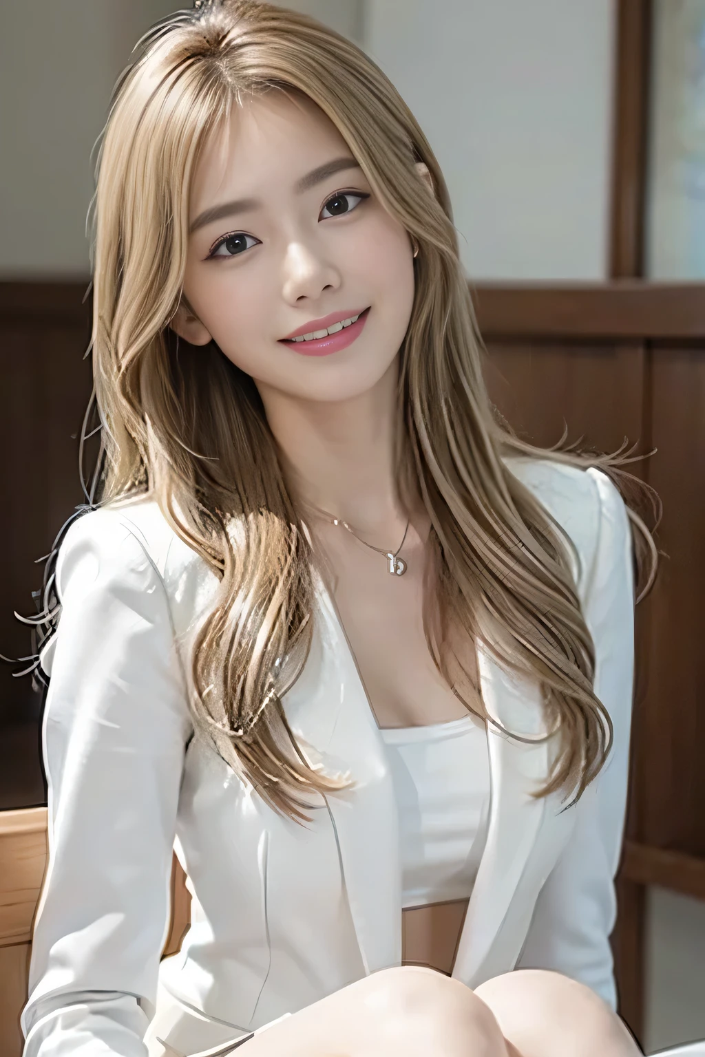 blonde、Clear Beauty、hairstyle semi long、ear piercing、Necklace around the neck、Put a cardigan over your shoulders、blouse、smile、Beautiful teeth alignment、Intricate details, Very detailed:1.2), 、 Looking into the camera、The background is the office