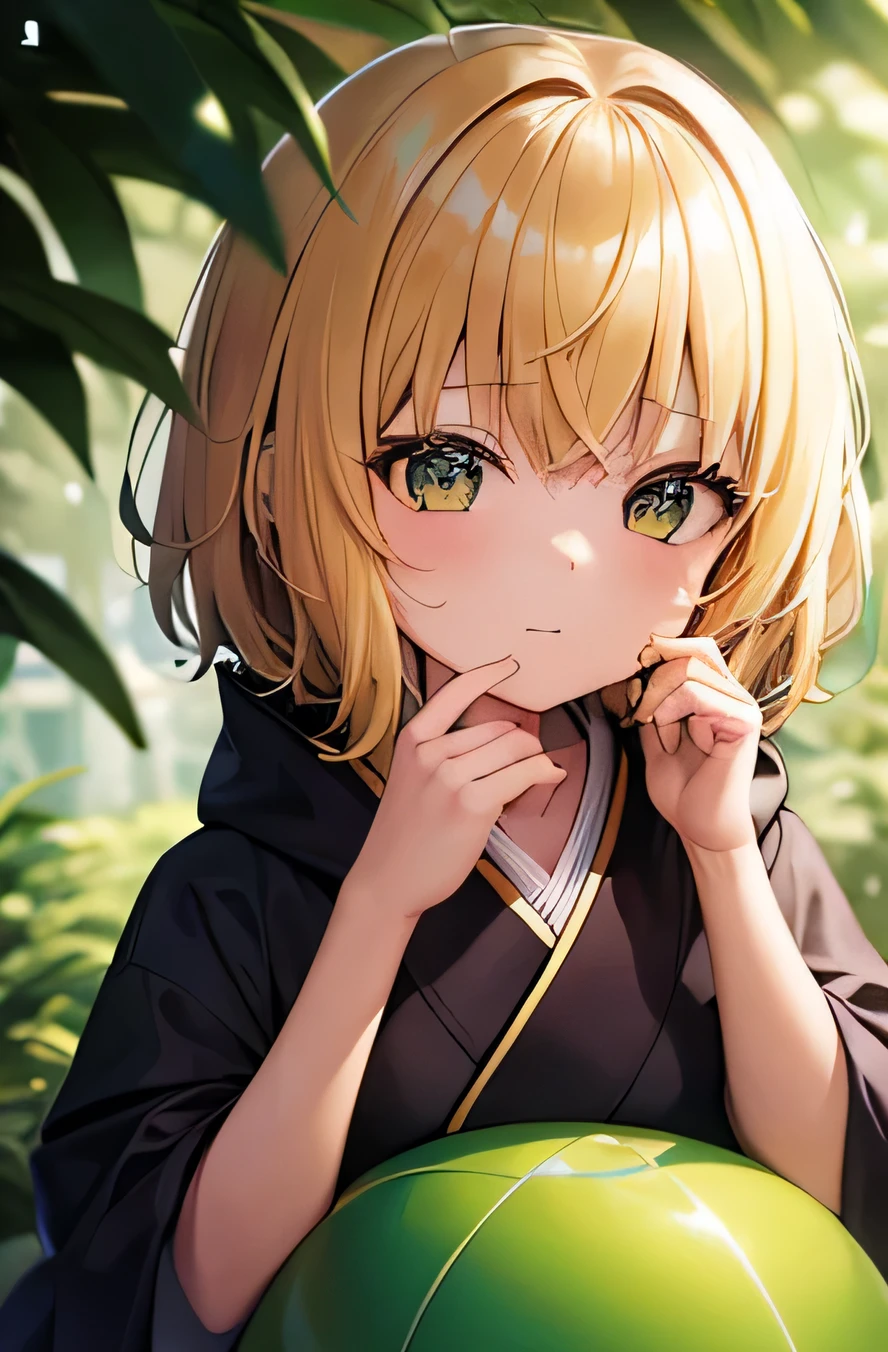 1girl, 10 years old, short yellow hair, wearing short kimono, big hood, sleepy, sitting on a large green ball with her hands on her chin, portrait shot, warm and joyful atmosphere, holding a ball, closeup portrait shot, still photo, half image, absurdres, high res, ultrasharp, 8K, masterpiece