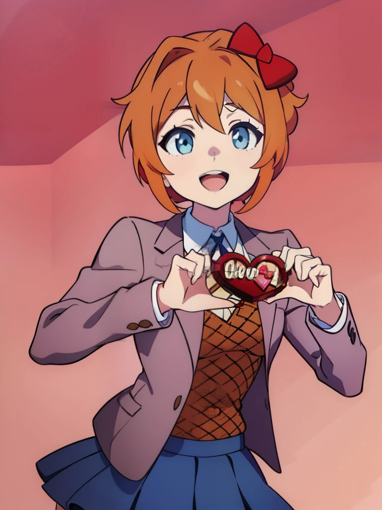 smiling, highres, 4k, Sayori, (2d, masterpiece, best quality, anime, highly detailed, cowboy shot, 1girl, solo, sayori, blue eyes, pink hair, short hair, hair bow, red bow, school uniform, blazer, brown sweater, collared shirt, neck ribbon, blue skirt, standing, clenched hands, :d, looking at viewer, ((Valentine)), ((Valentines Day)), Valentines Chocolate, ((chocolates)), color background