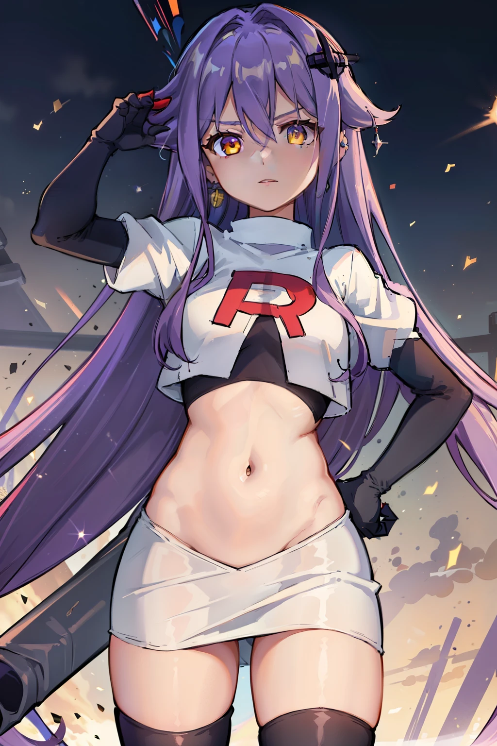 masterpiece, best quality, best 8k wallpaper, 
1 girl, cowboy shot, long hair, purple hair, bangs, yellow eyes, earrings, hair between eyes, hair ornament,team rocket,team rocket uniform,white skirt,red letter R,crop top,black thigh-highs,black elbow gloves, cowboy shot