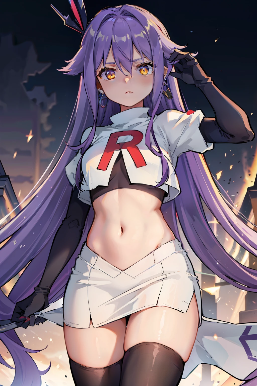 masterpiece, best quality, best 8k wallpaper, 
1 girl, cowboy shot, long hair, purple hair, bangs, yellow eyes, earrings, hair between eyes, hair ornament,team rocket,team rocket uniform,white skirt,red letter R,crop top,black thigh-highs,black elbow gloves, cowboy shot