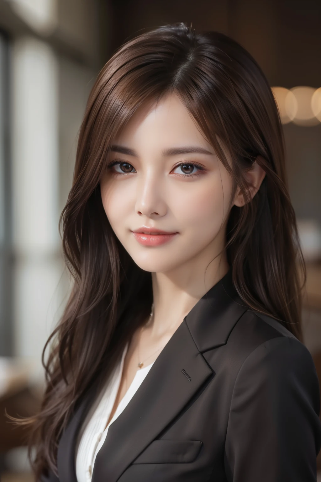 table top, highest quality, realistic, super detailed, finely, High resolution, 8k wallpaper, 1 beautiful woman,, light brown messy hair, wearing a business suit, sharp focus, perfect dynamic composition, beautiful and fine eyes, fine hair, Detailed realistic skin texture, smile, close-up portrait, model body shape