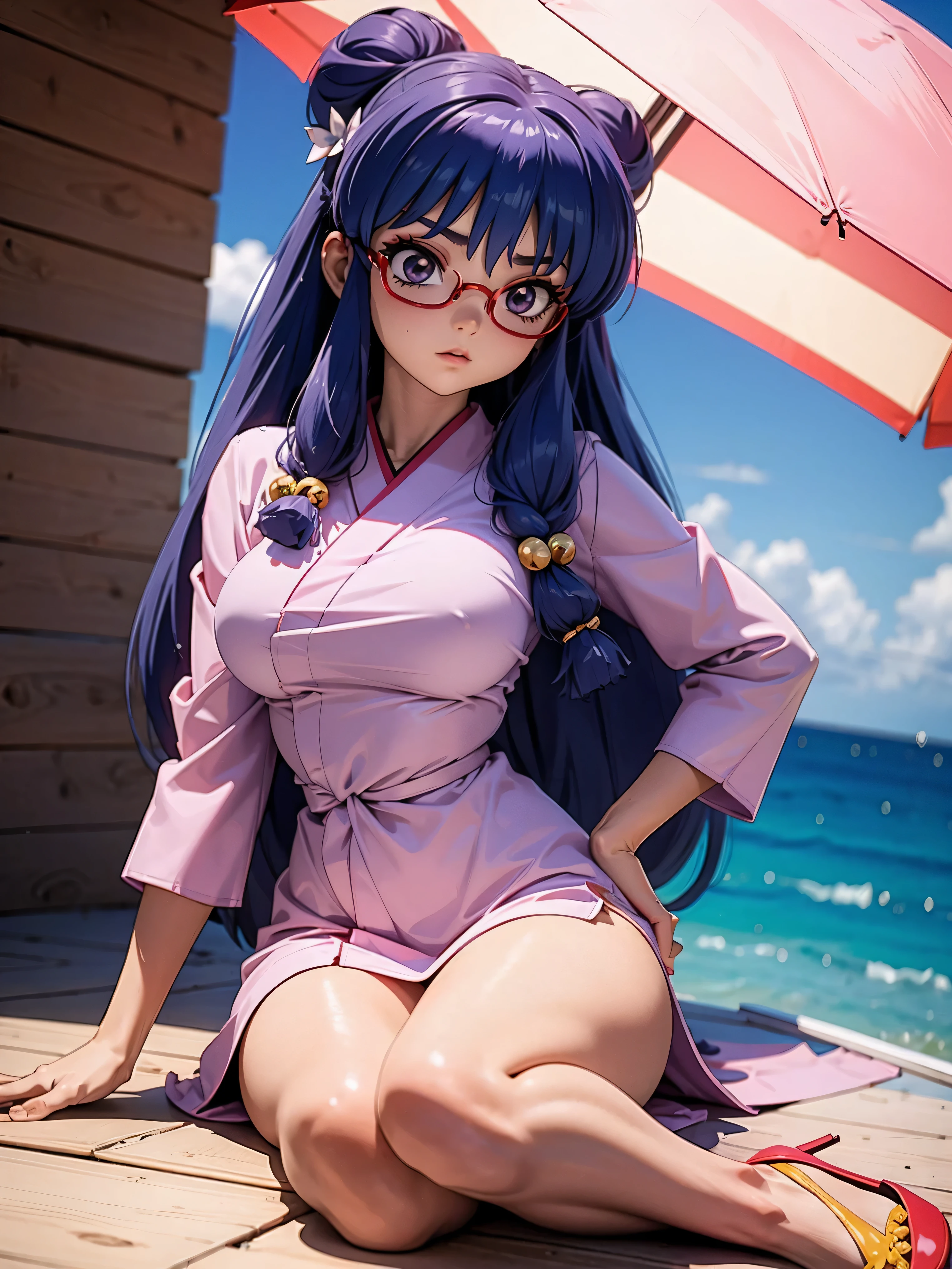Garota anime cabelo purple com kimono pink sexy, with sunglasses, Ray-Ban Sunglasses, , corpo bonito, seios grandes, with your hands on your chest, hand on breasts, hand on breasts, Hand on bust, hand on breasts, hand on hip, Garota sexy, purple cabelo , gorgeous lighting, sombras suaves, olhos azuis, pernas bonitas, hair with braid, estilo anime, personagem Shampoo Chan, Autora Rumiko Takahashi, Baseado em obra de Rumiko Takahashi, Anime Ranma 1/ 2, decote sexy, quadril robusto, corpo inteiro, corpo inteiro, busto grande, garota jovem com corpo belo e bonito, sandals on his feet, garota 16 anosbaixa estatura, wearing a sexy pink kimono and sunglasses, Ray-Ban Sunglasses, garota anime, estilo anime, beautiful feet in sandals, sitting on the floor, 45° viewing angle, ao ar livre, postura ereta, postura reta