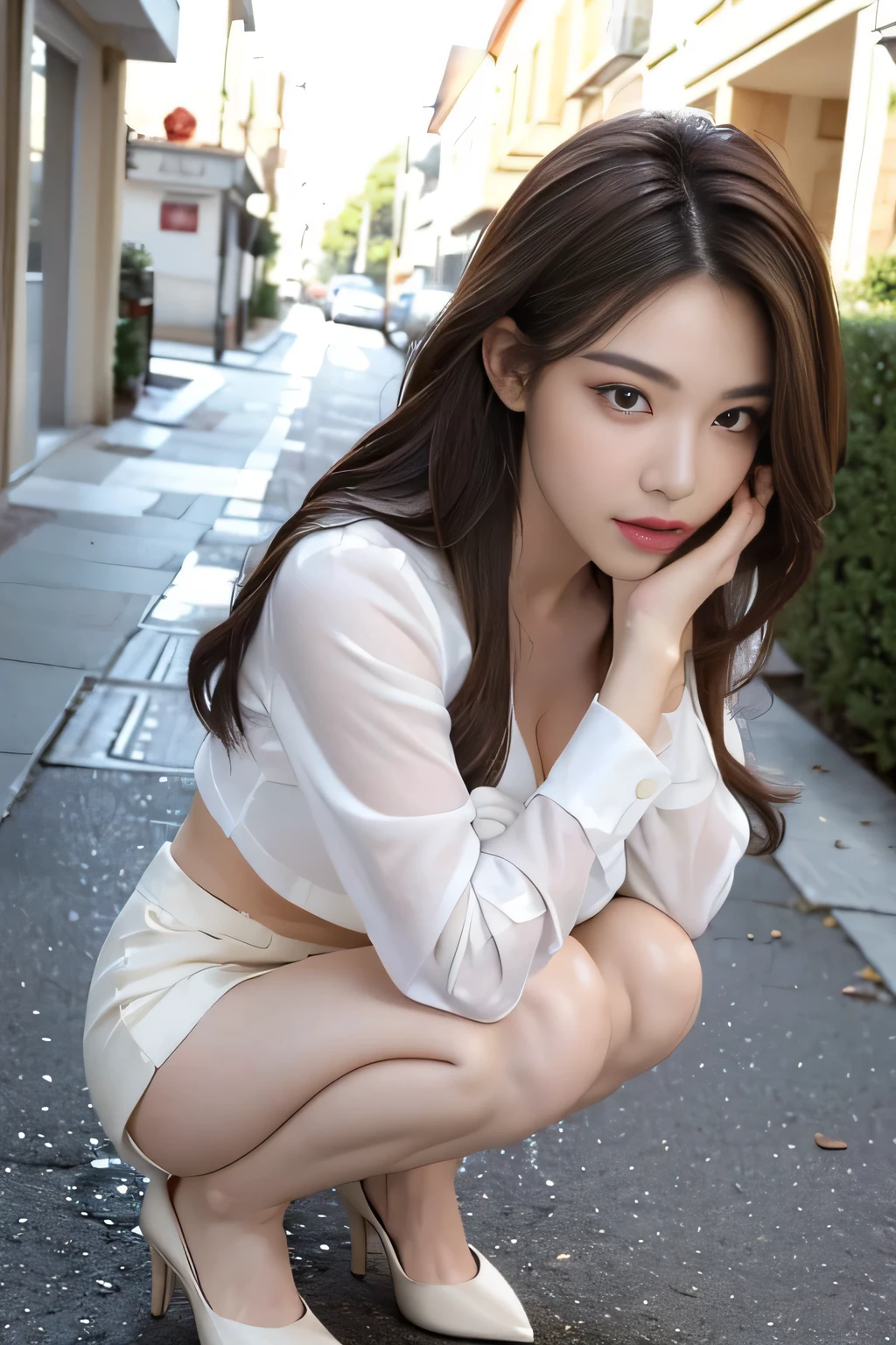 (highest quality, High resolution, masterpiece :1.3), (Shooting from below), Beautiful girl, Orange sunset sky, Sun and clouds with ocean in the background, Cute girl in . Short Bob. Short pleated skirt, Blushing, looking at the camera, Dynamic photography,Intelligent face,Bold Pose.Sitting on the embankment
