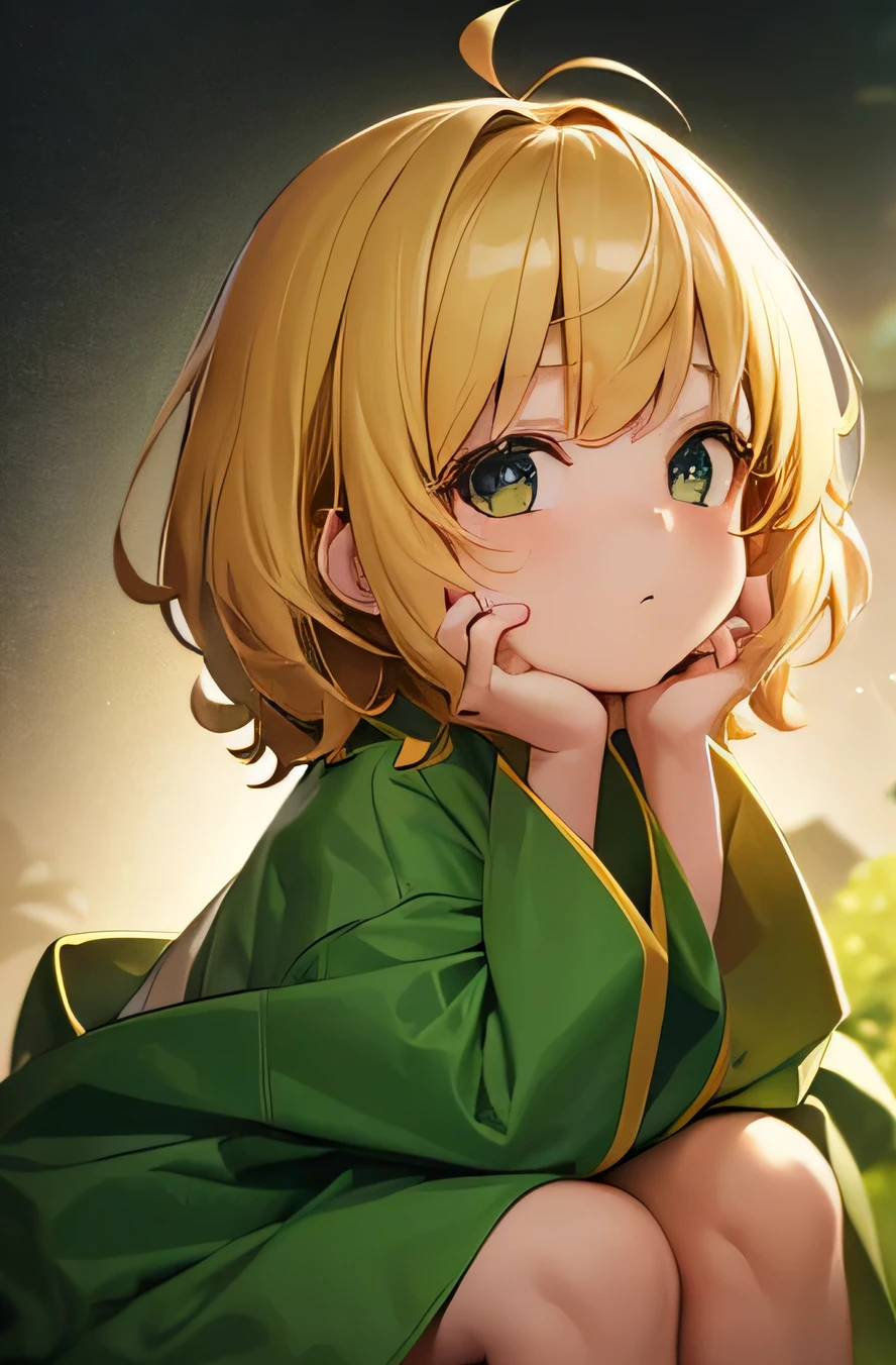 1girl, 10 years old, short yellow hair, wearing short kimono, big hood, sleepy, sitting on a large green ball with her hands on her chin, portrait shot, warm and joyful atmosphere, holding a ball, closeup portrait shot, still photo, half image, absurdres, high res, ultrasharp, 8K, masterpiece
