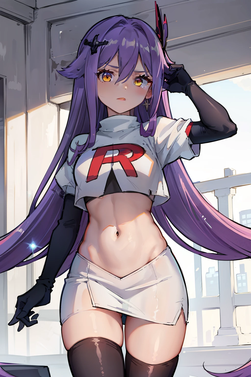 masterpiece, best quality, best 8k wallpaper, 
1 girl, cowboy shot, long hair, purple hair, bangs, yellow eyes, earrings, hair between eyes, hair ornament,team rocket,team rocket uniform,white skirt,red letter R,crop top,black thigh-highs,black elbow gloves, cowboy shot