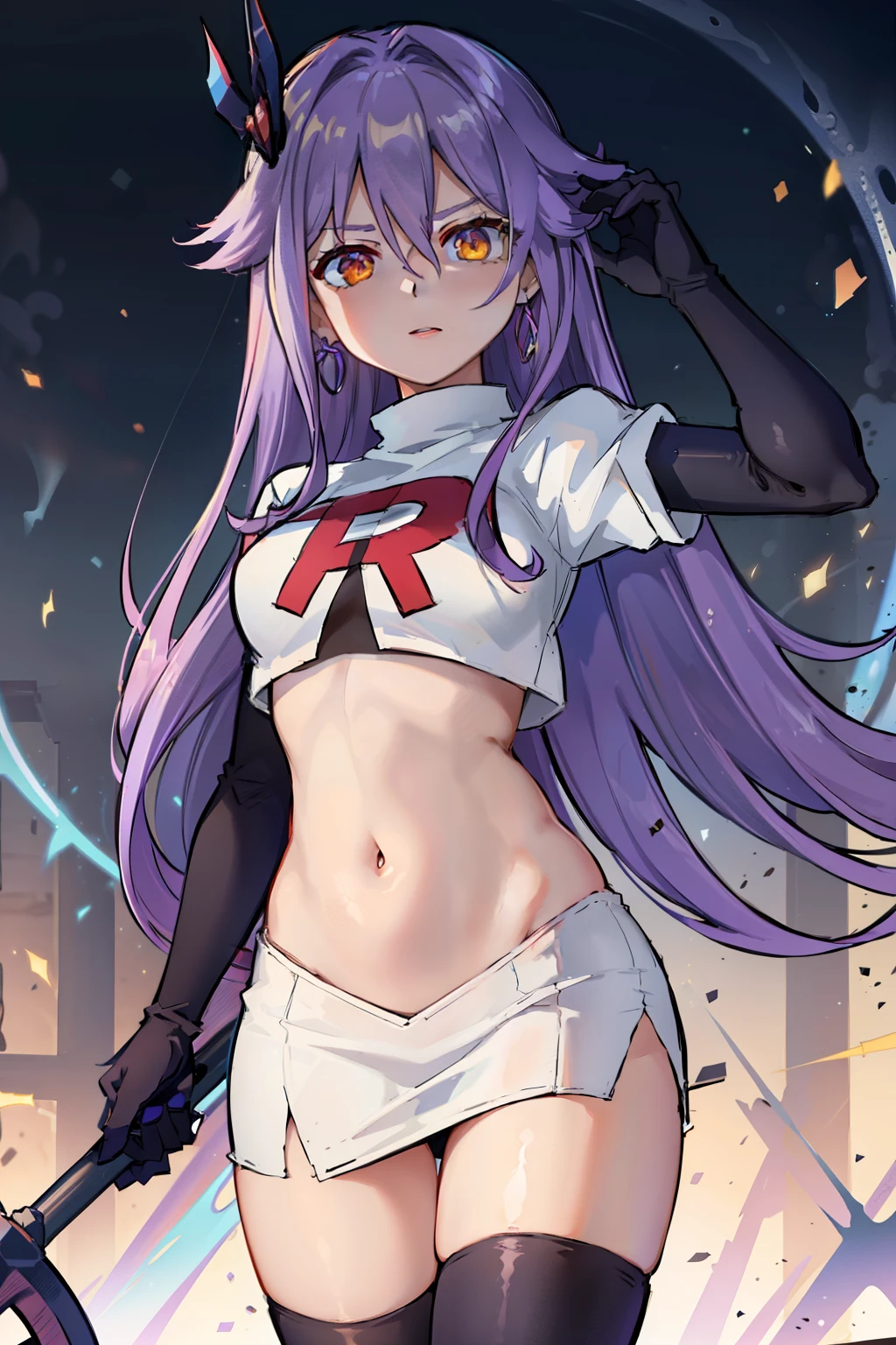 masterpiece, best quality, best 8k wallpaper, 
1 girl, cowboy shot, long hair, purple hair, bangs, yellow eyes, earrings, hair between eyes, hair ornament,team rocket,team rocket uniform,white skirt,red letter R,crop top,black thigh-highs,black elbow gloves, cowboy shot