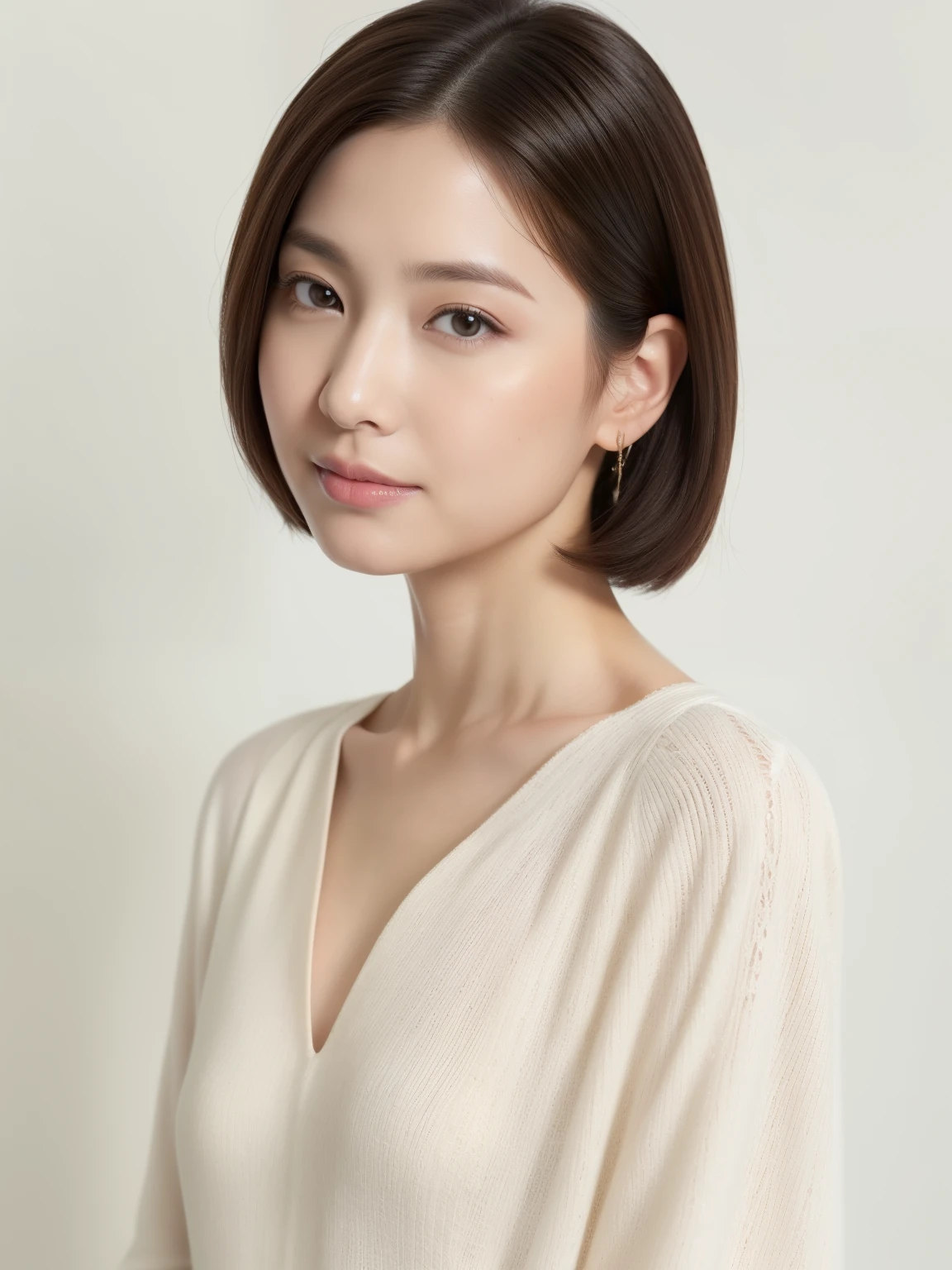 (highest quality、8K、Raw photo、32K、masterpiece、nffsw:1.2)、photo of cute japanese woman、short hair、The ends of the hair are pointing outwards、Don't look at the camera、(Normal human hand shape)Upper body、surface focus、simple necklace、simple white back ground、From above、mix 4、(realistic、Photoreal:1.37)、1 girl、Shot in natural light、photon mapping、Physically based rendering、Handsome、excellent image quality、High resolution、1080P、(clean face)、(Detailed facial description)、(detailed description of hands)、(Masseter muscle part)、(Detailed CG)、 hair is dirty、rich details、(exquisite features)、(best image quality)、(masterpiece)、(detailed eye)、delicate clavicle、Versatile poses、profile、white wall、Spring clothes、long sleeve dress