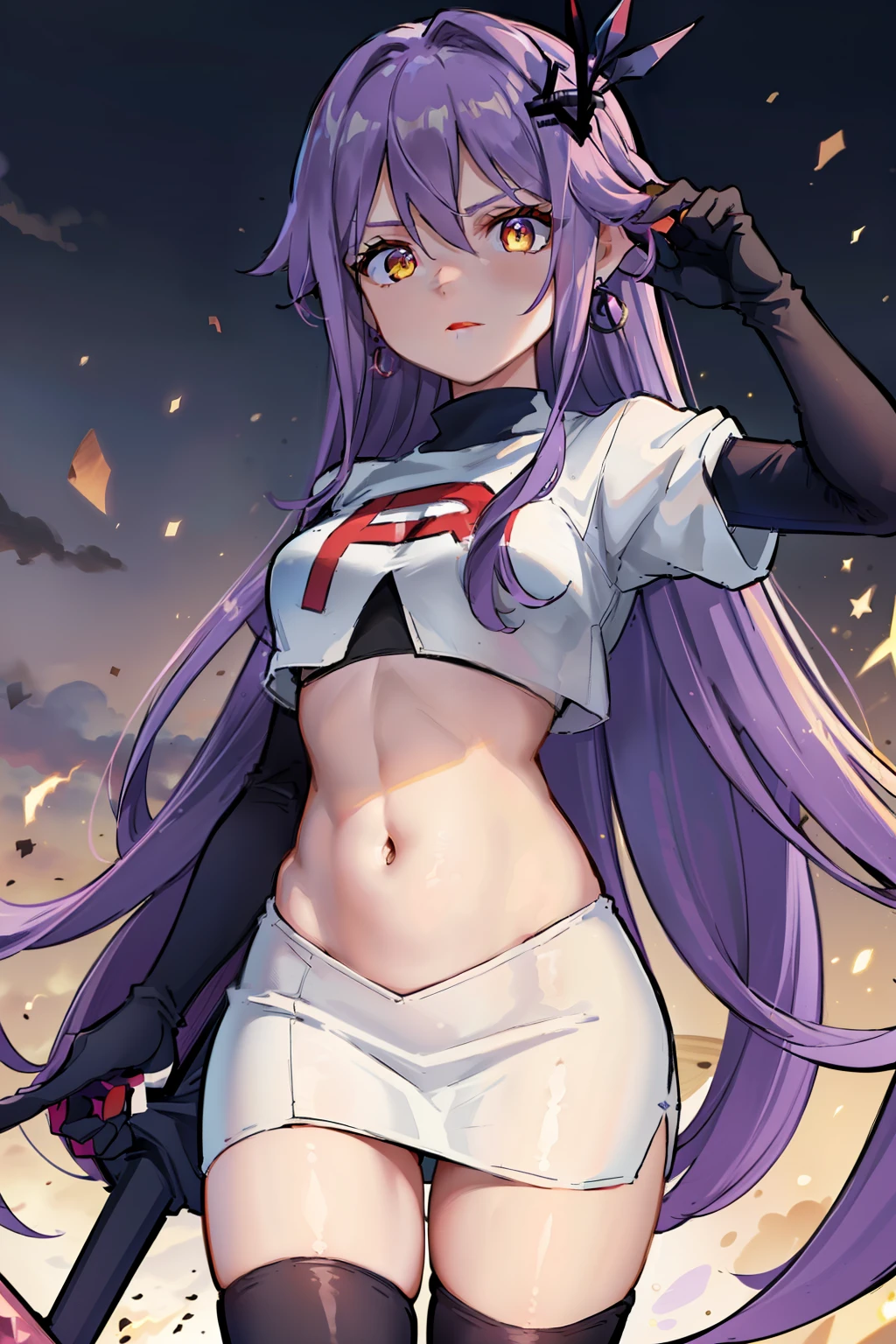 masterpiece, best quality, best 8k wallpaper, 
1 girl, cowboy shot, long hair, purple hair, bangs, yellow eyes, earrings, hair between eyes, hair ornament,team rocket,team rocket uniform,white skirt,red letter R,crop top,black thigh-highs,black elbow gloves, cowboy shot