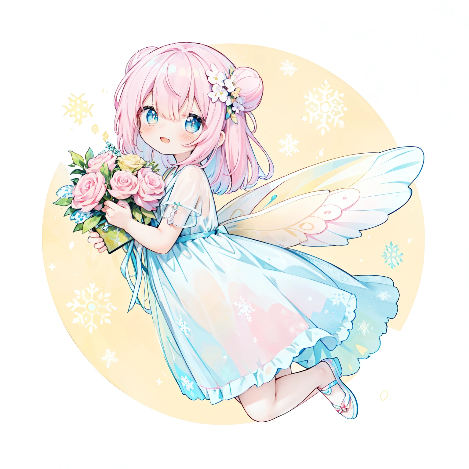 (pastelカラー:1.3)、(cuteイラスト:1.3)、(watercolor painting:1.1)、(Wearing large transparent fairy wings with polka dots。。。。。。。。。。。。。。。：1.3),Falling from the sky,head down, raise your feet, blue hair girl,Improve,ultra wide angle  ,detailed background、smile with open mouth、beautiful and detailed、Moya、Colorful、marble、particles of light、Pattern ROM side、Shirayuki Noel、snowflake、yellow background、
Detail view、Bright colors、striking contrast、intricate details、delicate depiction、luminescent、Full body Esbian、From the side、beautiful features、appropriate color eyes、Wearing elaborate and delicate jewelry、shining aura、shining hair,Illuminated by the morning light、Summer wreaths、Pale yellow background、Fairy with a bouquet Fairy、pink haired、Bun head、jump、floating、 cute, anime, clear white skin,yumekawa、fancy、pastel、unicorn、sweet、Cute as a dream、full body lolita、