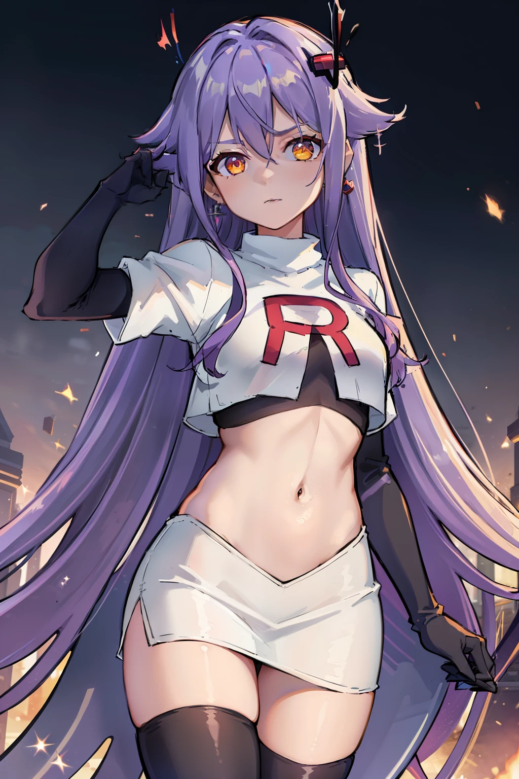 masterpiece, best quality, best 8k wallpaper,
1 girl, cowboy shot, long hair, purple hair, bangs, yellow eyes, earrings, hair between eyes, hair ornament,team rocket,team rocket uniform,white skirt,red letter R,crop top,black thigh-highs,black elbow gloves, cowboy shot