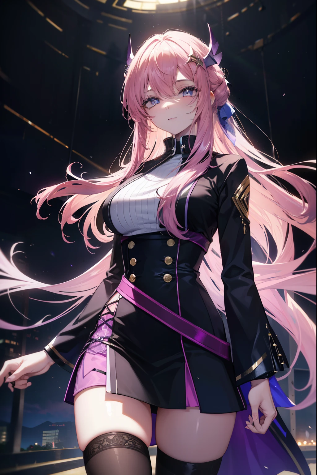 lacusclyne, Klein Lake, (purple eyes:1.1), hair ornaments, long hair, wave hair ornaments, pink hair, smile,sexy dress,Long slit skirt,black tights,Breaking stilettos looking at viewer, (cowboy shot:1.5),
destroy indoors, destroy the venue (masterpiece:1.2), highest quality, High resolution, unity 8k wallpaper, (figure:0.8), (beautiful and fine eyes:1.6), highly detailed face, perfect lighting, Very detailed CG, (perfect hands, perfect anatomy),