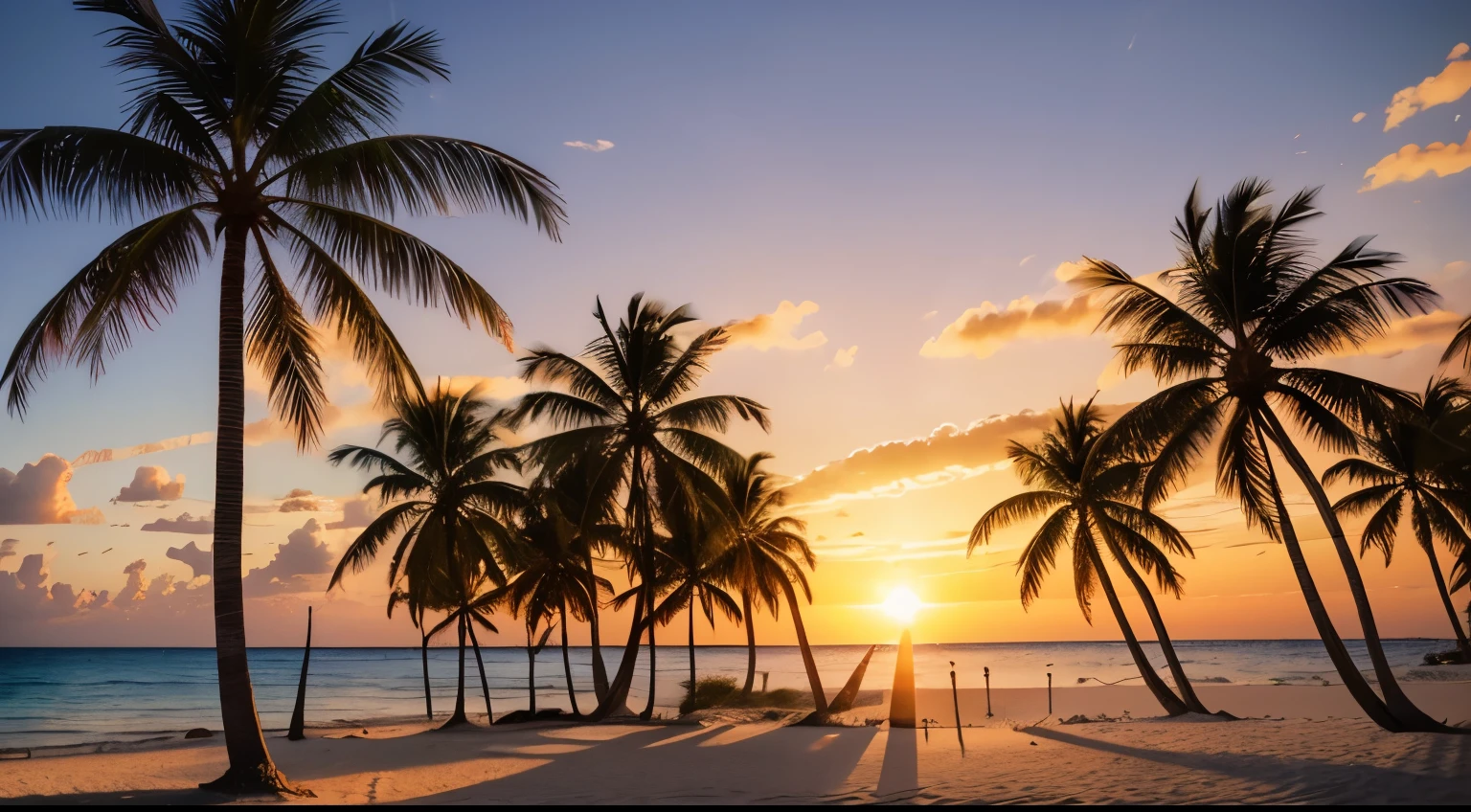 Setting sun, idyllic ambiance, white sandy beach, palm trees, canon e60 photolens, realistic, lens flare, horizon view, fiery beautiful sunlight captured on dust motes