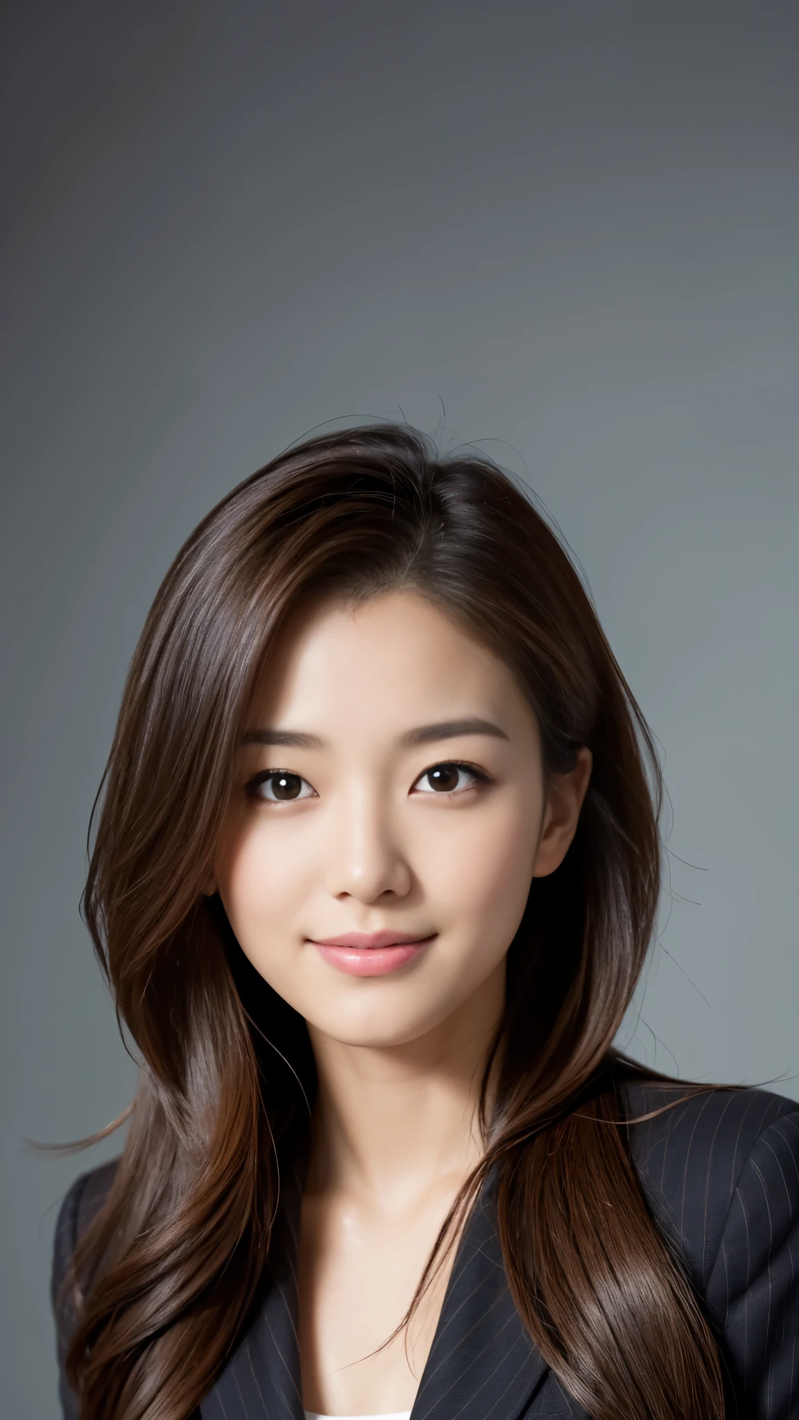 table top, highest quality, realistic, super detailed, finely, High resolution, 8k wallpaper, 1 beautiful woman,, light brown messy hair, wearing a business suit, sharp focus, perfect dynamic composition, beautiful and fine eyes, fine hair, Detailed realistic skin texture, smile, close-up portrait, model body shape、smile、Japanese beauty、20-year-old