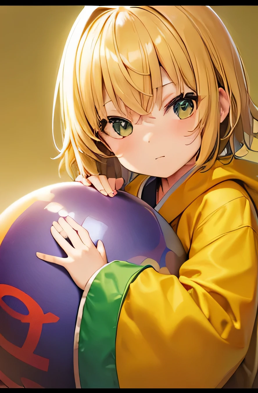 1girl, , short yellow hair, wearing short kimono, big hood, sleepy, sitting on a large green ball with her hands on her chin, portrait shot, warm and joyful atmosphere, holding a ball, closeup portrait shot, still photo, half image, absurdres, high res, ultrasharp, 8K, masterpiece