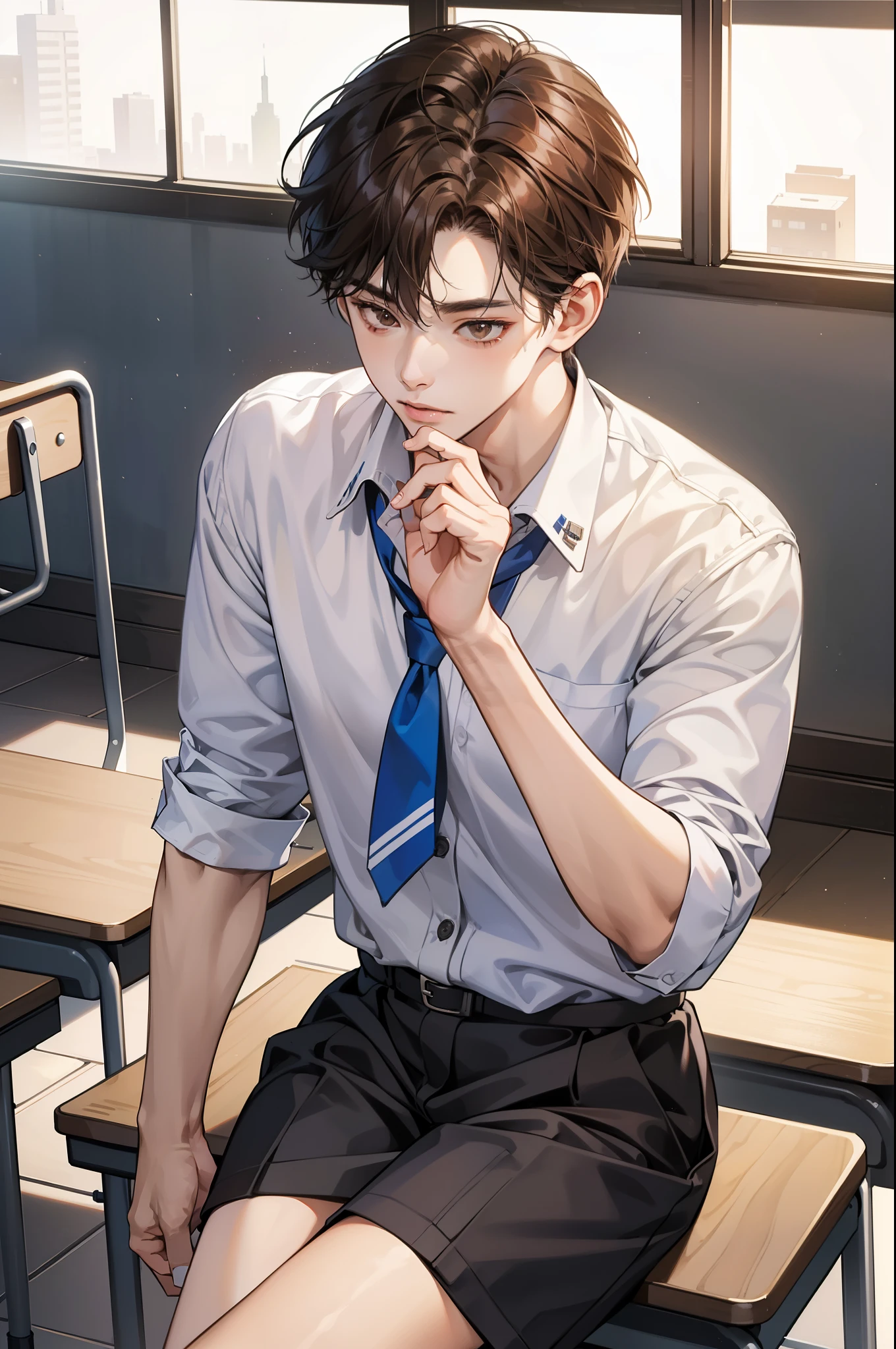Masterpiece, best quality, 2.5D illustration , 8K CG wallpaper, one high school korean hot Boy with brown hair and brown eyes in the classroom, Boy wear high school man uniform, sexy korean bad boy