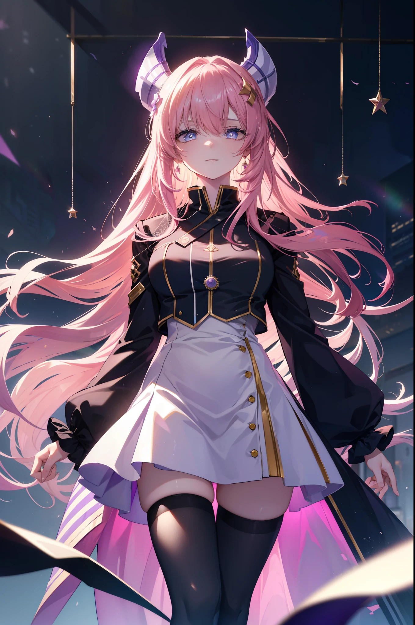 lacusclyne, Klein Lake, (purple eyes:1.1), hair ornaments, long hair, wave hair ornaments, pink hair, smile,pink dress,Long slit skirt,black tights,Breaking stilettos looking at viewer, (cowboy shot:1.5),
destroy indoors, destroy the venue (masterpiece:1.2), highest quality, High resolution, unity 8k wallpaper, (figure:0.8), (beautiful and fine eyes:1.6), highly detailed face, perfect lighting, Very detailed CG, (perfect hands, perfect anatomy),