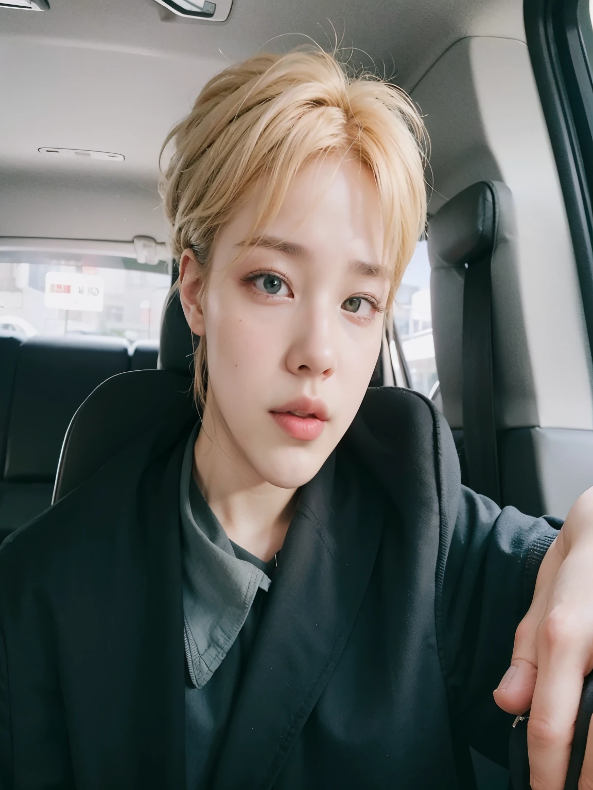 Arafed photo of a person in a car with one hand out, park Jimin, Jimin, Jimin\the full lips, accurate Jimin face, park jimin, Park jimin, Jimin\o nariz grego, Jimin\the right eyelid is swollen, com cabelo curto, Jimin Park, Park jimin, todos do grupo BTS