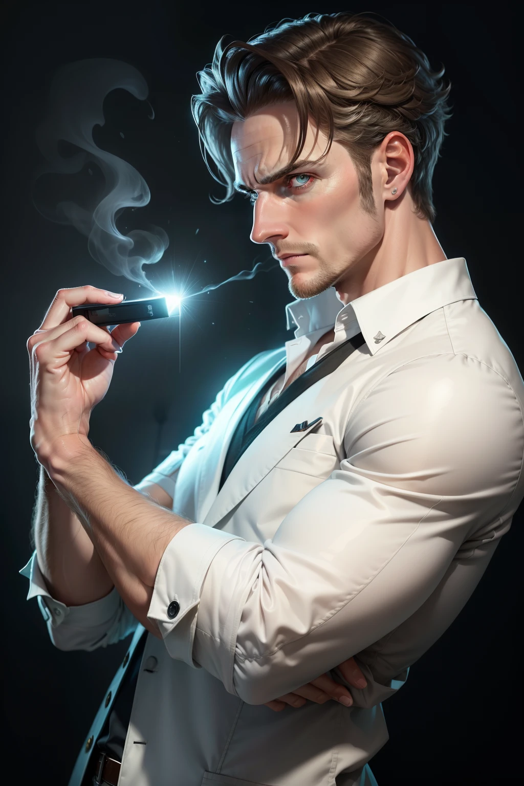 Ultra-realistic, full HD image of a 35-year-old white man with a cold, piercing gaze that seems to penetrate your very soul. His calculating demeanor hints at a sharp and analytical mind, while his enigmatic charm adds an aura of mystery. This successful-looking individual exudes an air of confidence, with his profile picture capturing the essence of his mentalist qualities.