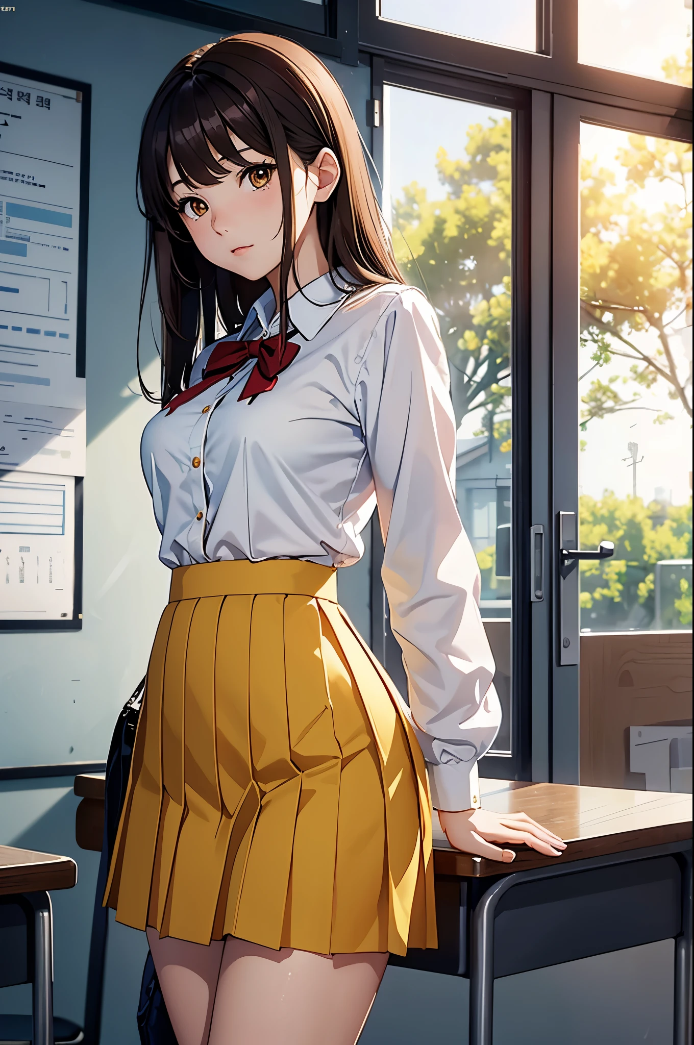 Masterpiece, best quality, 2.5D illustration , 8K CG wallpaper, high school korean Girl with brown hair and yellow eyes standing in the classroom wearing a tight skirt over a blouse, sexy girl
