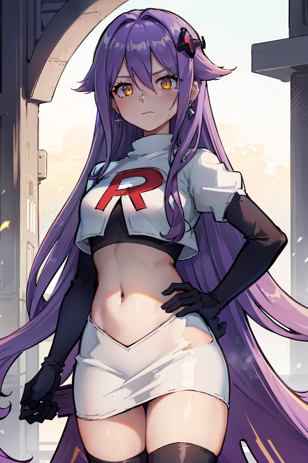 masterpiece, best quality, best 8k wallpaper, 
1 girl, cowboy shot, long hair, purple hair, bangs, yellow eyes, earrings, hair between eyes, hair ornament,team rocket,team rocket uniform,white skirt,red letter R,crop top,black thigh-highs,black elbow gloves, cowboy shot