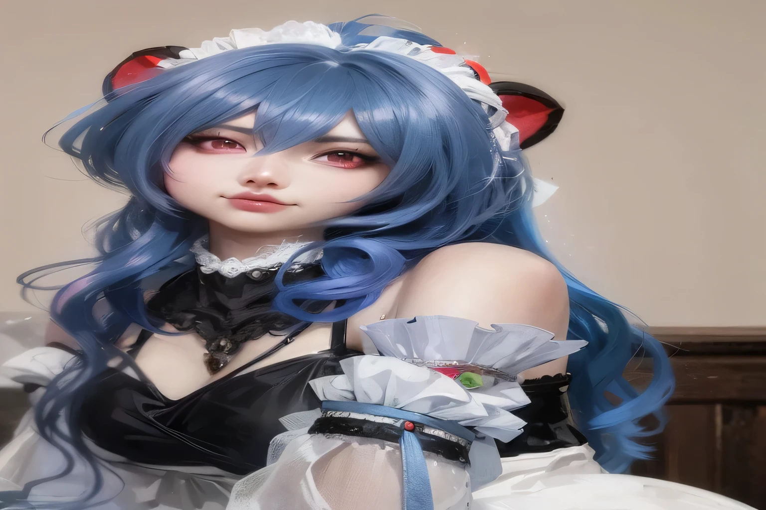 Alafi wears a blue wig and black dress, anime girl role play, anime role play, anime inspiration, role play, Beautiful blue haired girl, ornate role play, Inspired by Genshin, blue hair, pretty girl blue hair, Very beautiful and cute Catwoman, blue skin, Samu rice paste, ahegao