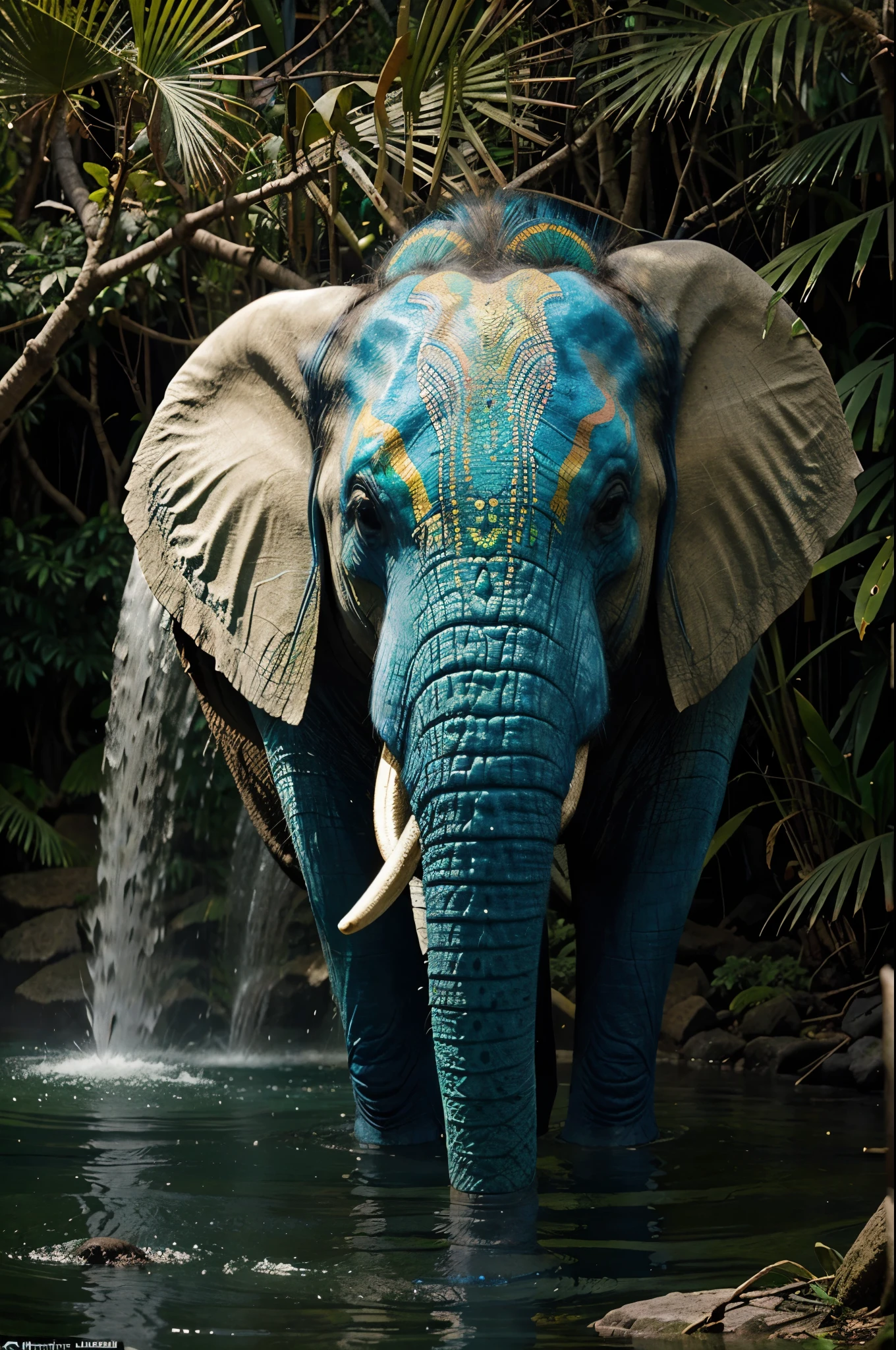 Create an image of an elephant with the colors of a peacock, incorporando tons vibrantes de azul, verde e dourado em sua pele e presas. Coloque o elefante em uma floresta exuberante, surrounded by exotic foliage and cascading waterfalls.
