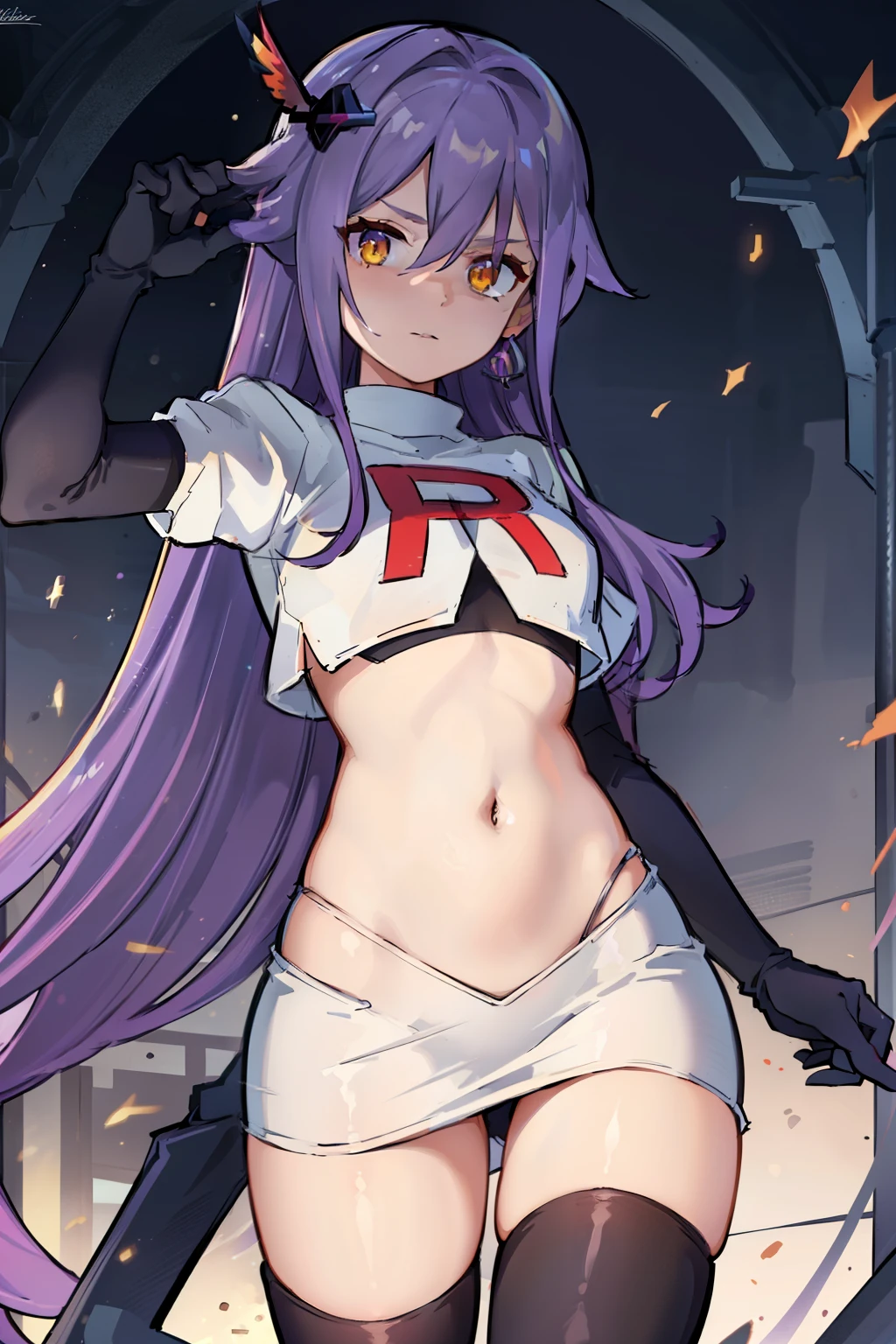 masterpiece, best quality, best 8k wallpaper,
1 girl, cowboy shot, long hair, purple hair, bangs, yellow eyes, earrings, hair between eyes, hair ornament,team rocket,team rocket uniform,white skirt,red letter R,crop top,black thigh-highs,black elbow gloves, cowboy shot