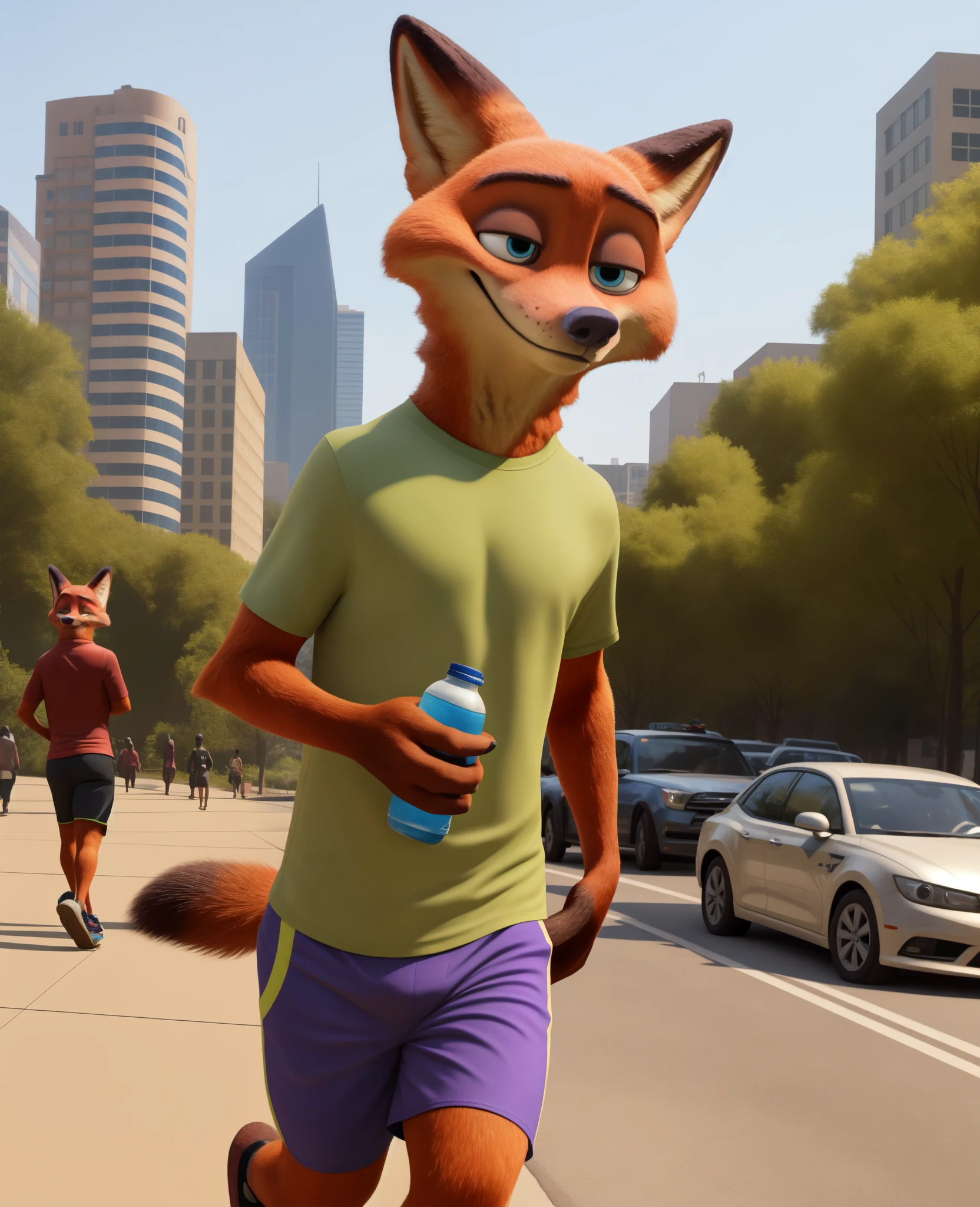 In an animated scene, 32-year-old Nick Wilde from Zootopia walks through a park in sporty attire, carrying a water bottle, showcasing his concern for hydration during physical activity. His casual sportswear includes a snug, vibrant T-shirt, comfortable shorts, and lightweight sneakers for freedom of movement. With brown, slightly tousled hair, his blue eyes express determination and physical effort as he navigates the park's winding paths. The background features a bustling cityscape with skyscrapers and moving cars, capturing the urban vibe. Despite the signs of physical exertion on his face, Nick's expression radiates concentration, determination, and confidence, revealing his enjoyment of outdoor activity amid the urban landscape.