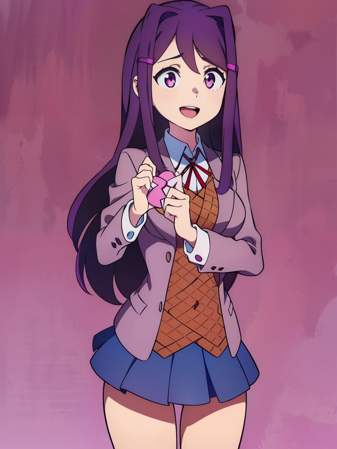 smiling, highres, 4k, Sayori, (2d, masterpiece, best quality, anime, highly detailed, cowboy shot, 2girls, solo, Yuri, hair clip, purple eyes, long purple hair, school uniform, blazer, brown sweater, collared shirt, neck ribbon, blue skirt, standing, clenched hands, :d, classroom looking at viewer, ((Valentine)), ((Valentines Day)), Valentines Chocolate, ((chocolates)), long hair, (purple background) 