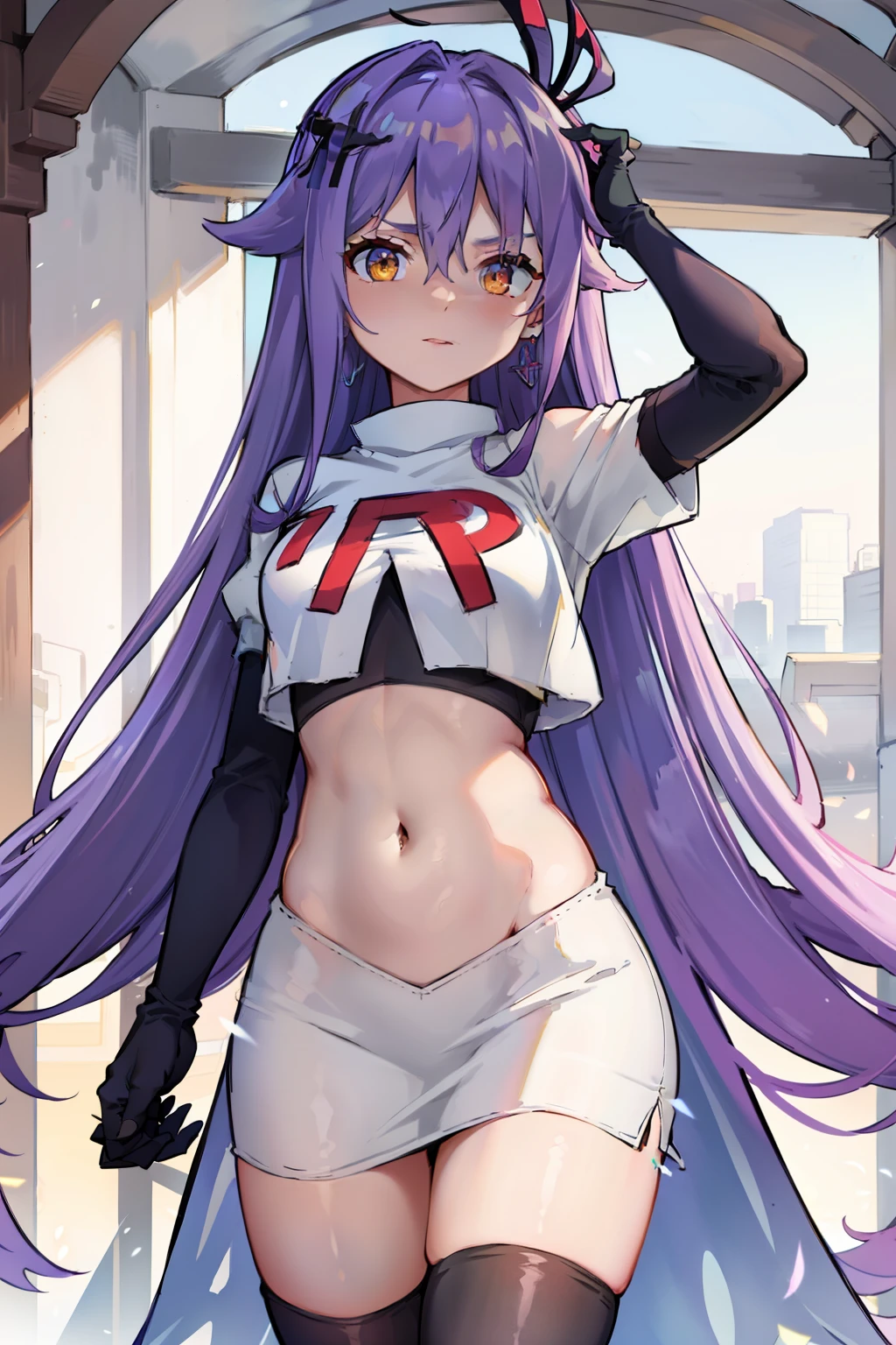 masterpiece, best quality, best 8k wallpaper, 
1 girl, cowboy shot, long hair, purple hair, bangs, yellow eyes, earrings, hair between eyes, hair ornament,team rocket,team rocket uniform,white skirt,red letter R,crop top,black thigh-highs,black elbow gloves, cowboy shot