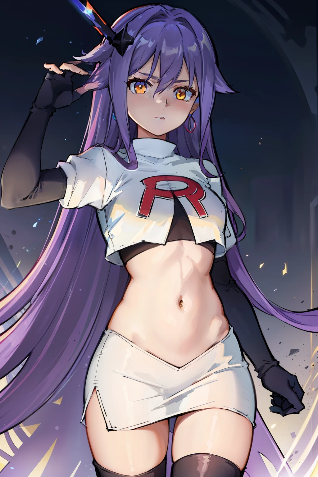 masterpiece, best quality, best 8k wallpaper, 
1 girl, cowboy shot, long hair, purple hair, bangs, yellow eyes, earrings, hair between eyes, hair ornament,team rocket,team rocket uniform,white skirt,red letter R,crop top,black thigh-highs,black elbow gloves, cowboy shot