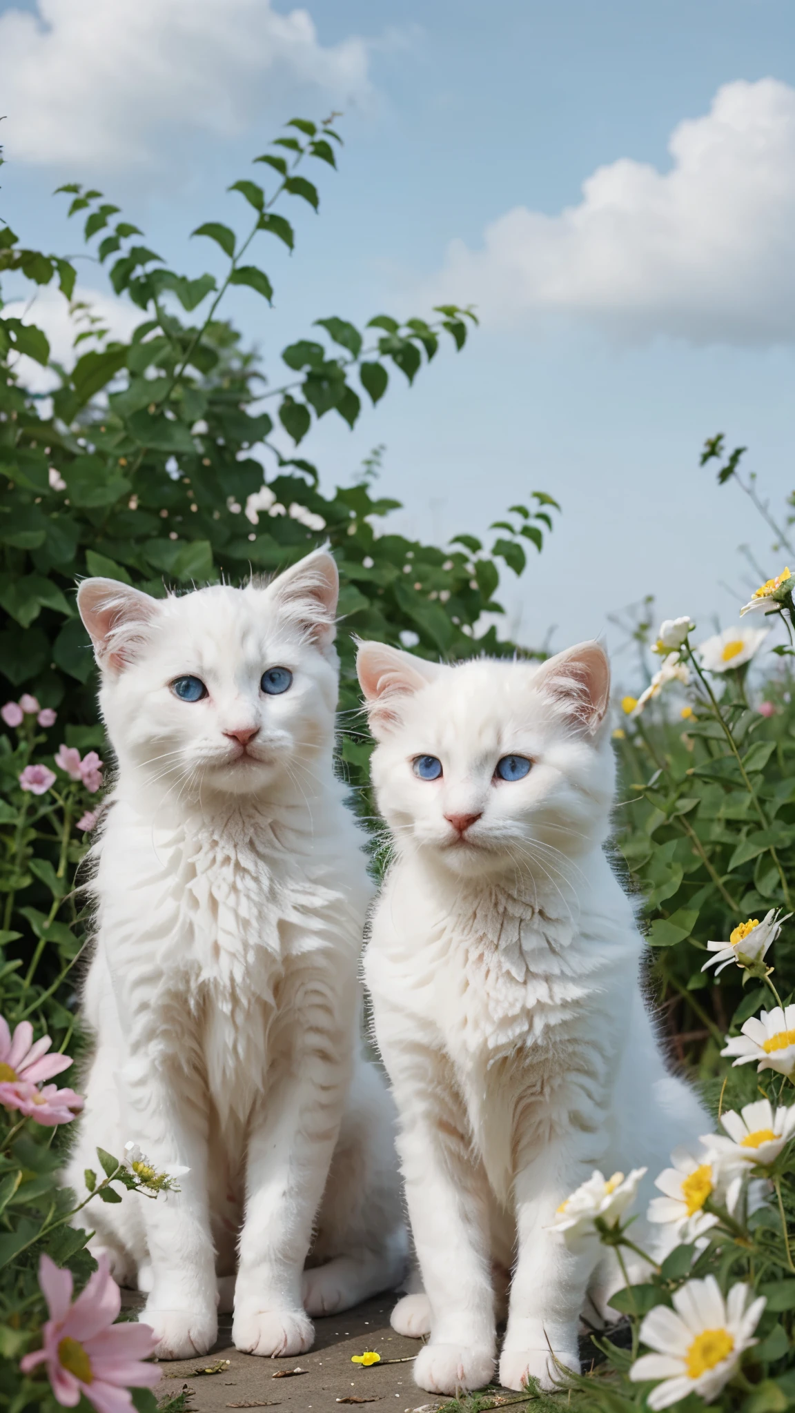 Two white fluffy kittens with blue eyes among summer flowers