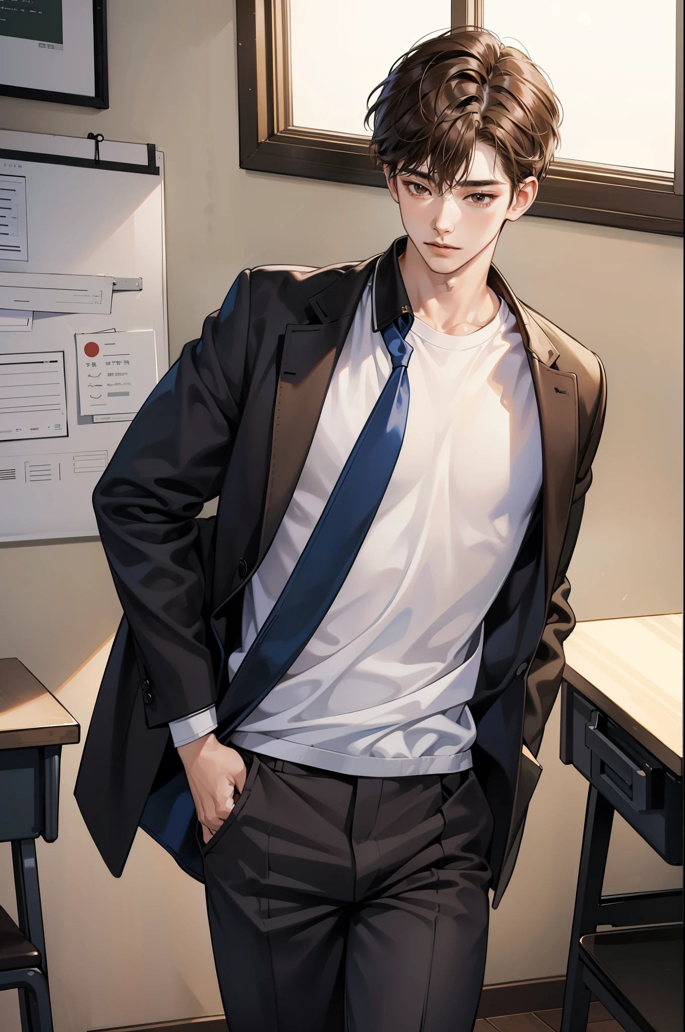 High quality, best quality, HD, realistic, Masterpiece, best quality, 2.5D illustration , 8K CG wallpaper, one high school korean hot Boy with brown hair and brown eyes in the classroom, Boy wear high school pants uniform , sexy korean bad boy