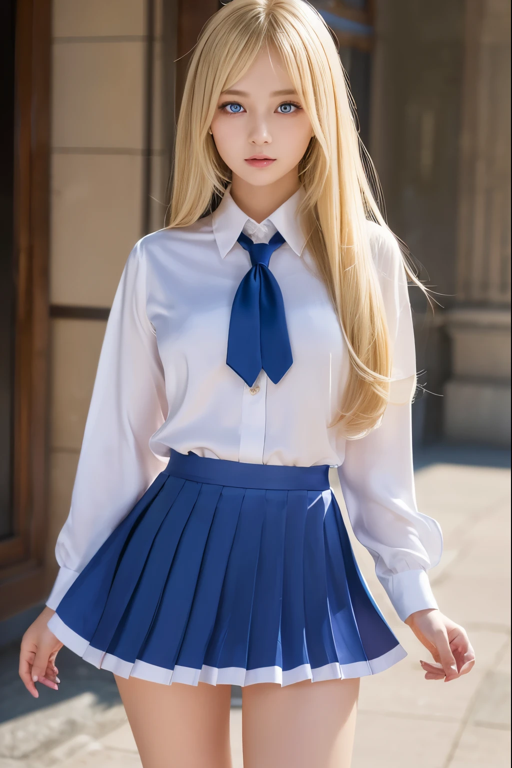 (hyper extreme detailed),(master piece),(hyper extreme),(realistic),(color:1.2), beautiful lighting,light from the front,((very beautiful hair、silky blonde hair 1.5))、(symmetrical face、double eyelid、gentle eyes、blue eye)、high school girl uniform、pleated skirt