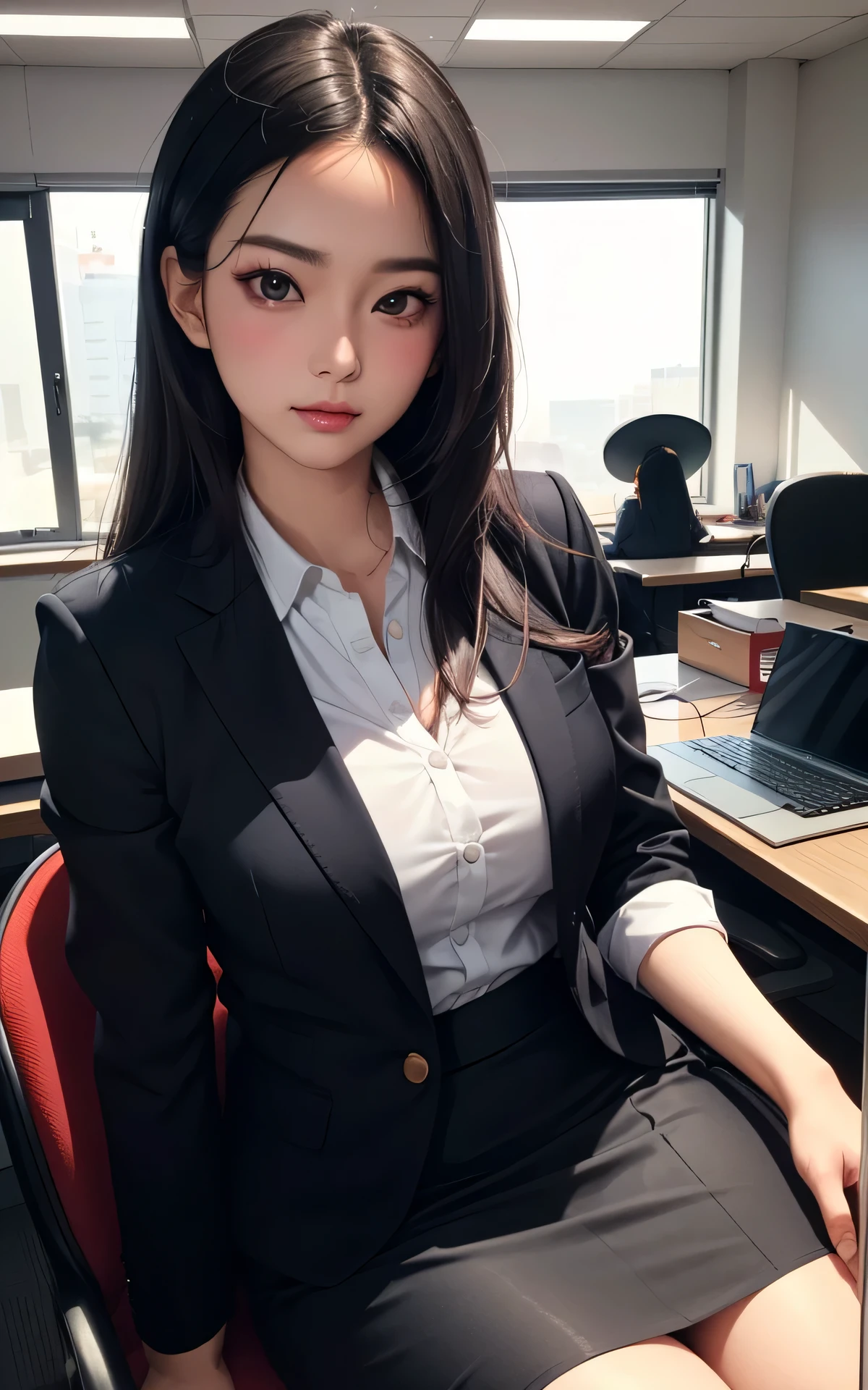 absurderes:2.0、(Blushing、sit in an office chair、blunt bang)、japanese actress、cowboy shot、solo, 25 year old woman、realistic, Unity 8K Wallpaper, Masterpiece, Realistic face, Realistic skin feeling ,detailed hair, highly detailed, realistic glistening skin, light makeup, ((suit skirt:1.3、suit jacket:1.3, curvy, black eyes、))、(In the modern office:1.2)、
