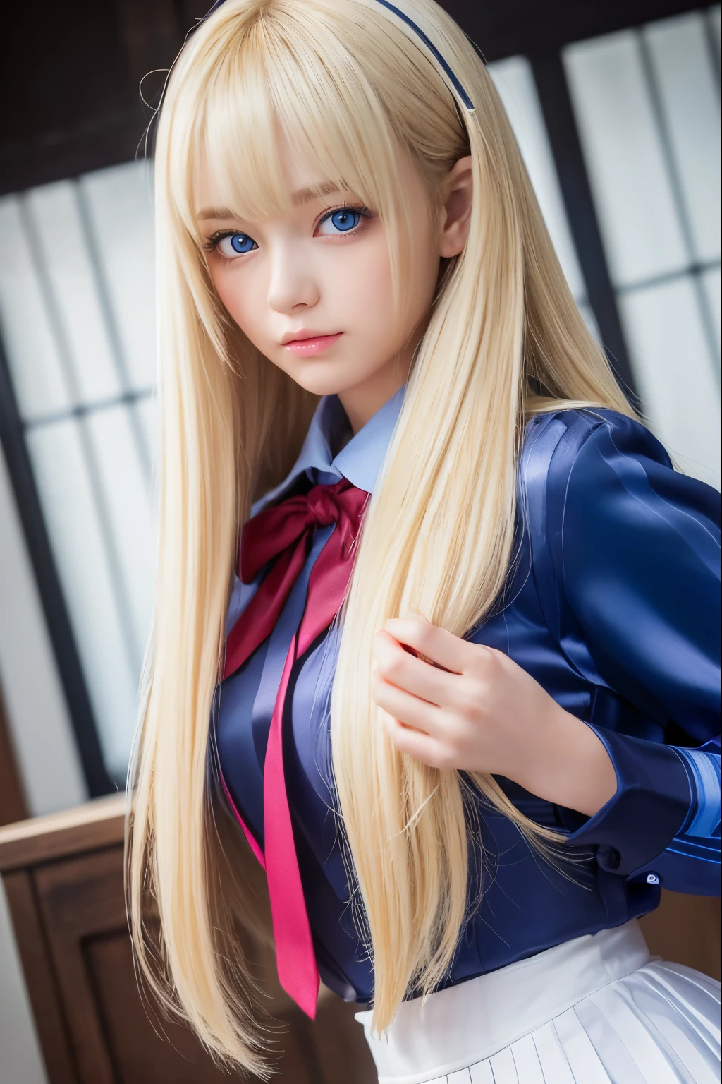 (hyper extreme detailed),(master piece),(hyper extreme),(realistic),(color:1.2), beautiful lighting,light from the front,((very beautiful hair、silky blonde hair 1.5))、(symmetrical face、double eyelid、gentle eyes、blue eye)、high school girl uniform、pleated skirt