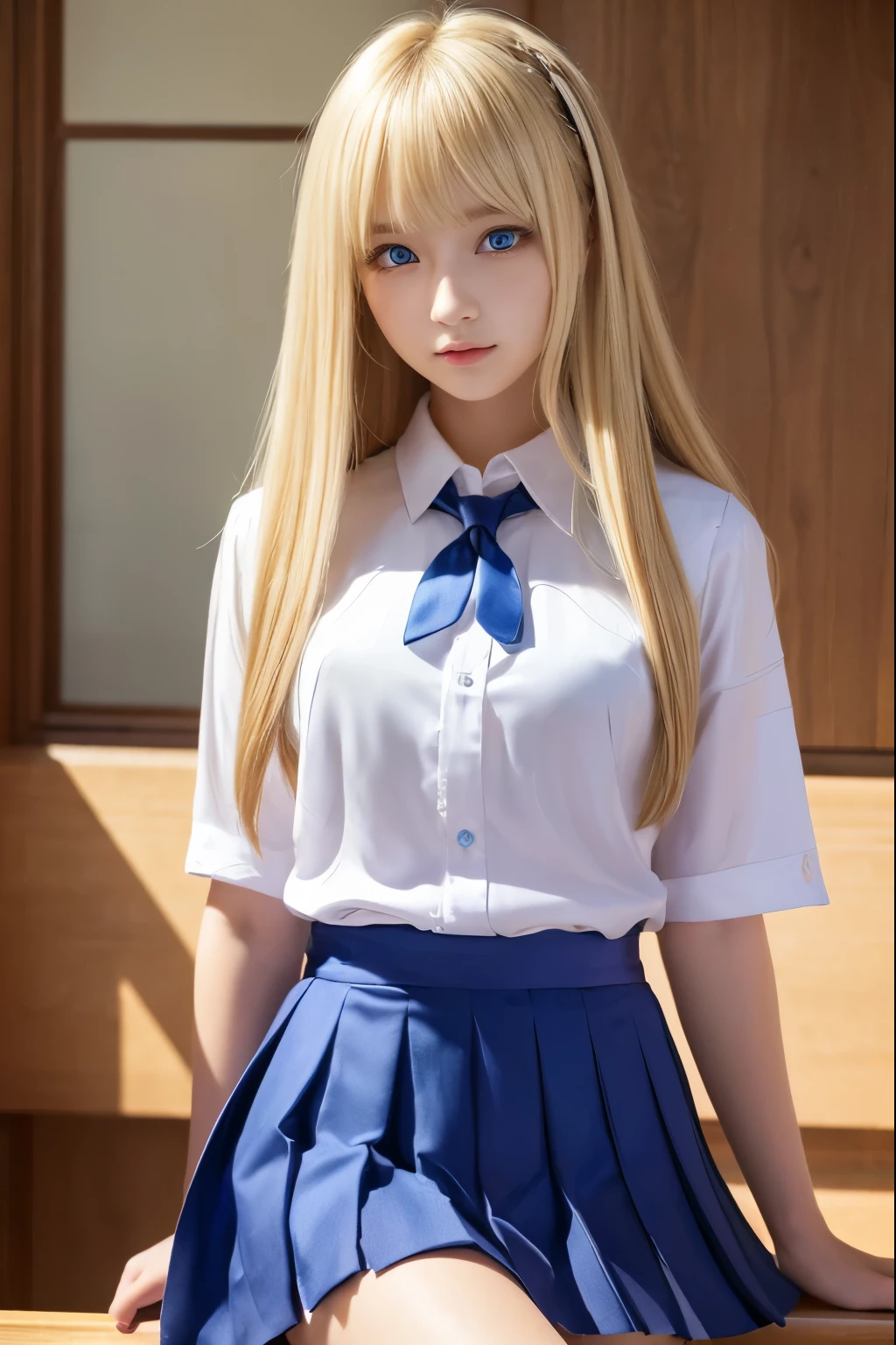 (hyper extreme detailed),(master piece),(hyper extreme),(realistic),(color:1.2), beautiful lighting,light from the front,((very beautiful hair、silky blonde hair 1.5))、(symmetrical face、double eyelid、gentle eyes、blue eye)、high school girl uniform、pleated skirt