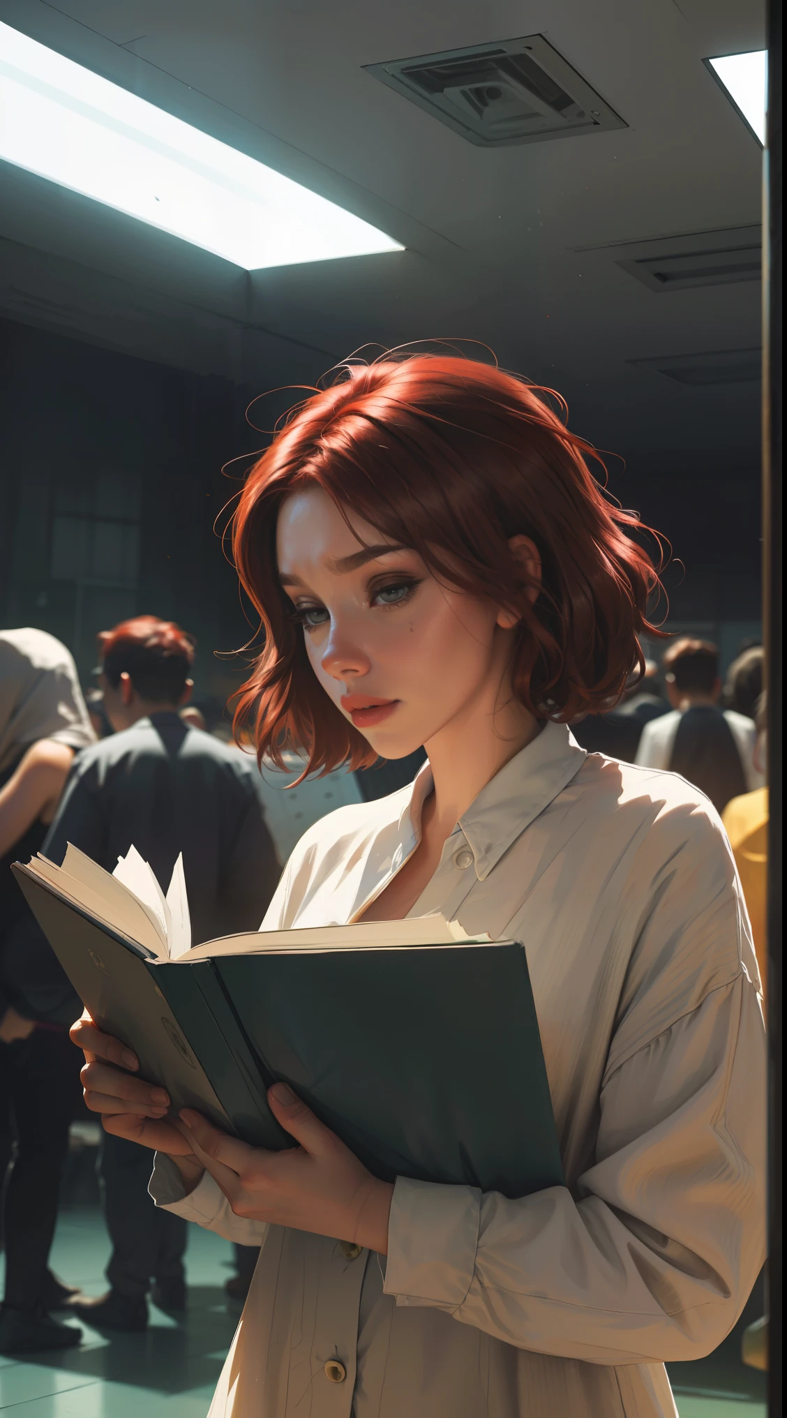 1 girl, reading a book, in a gloomy room, soft focus, light leaks, Dreamlike ambiance, Experimental charm, nostalgic appeal BREAK color field painting, Large expanses of color, abstract expressionism, bold hues, Emotional impact, atmospheric depth, minimalist approach BREAK, A beautiful girl, UHD (Ultra Details) Looking at viewer in a hip hop street attire, different, colorful, long, Very colorful hair 🌈, light clothes, White stardust on dark parts, absurd, High resolution, ultra detailed, ( 1girl: 1.3), bright colors, artistic blur, light leaks, dreamlike atmosphere, dull red hair,
