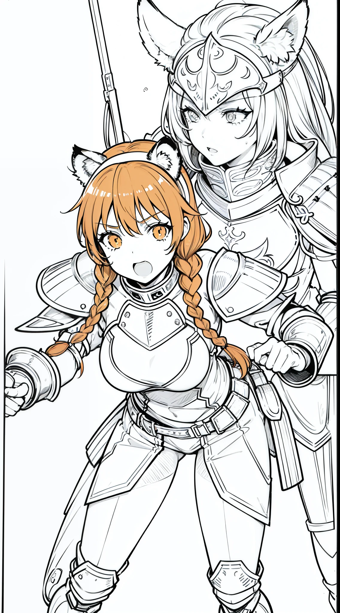 1girl,20 years old,mature female,tiger ears,long hair,(twin braids),(orange hair),templar knight armor,cowboy shot,(white background,line drawing),leaning forward,open mouth,sweat