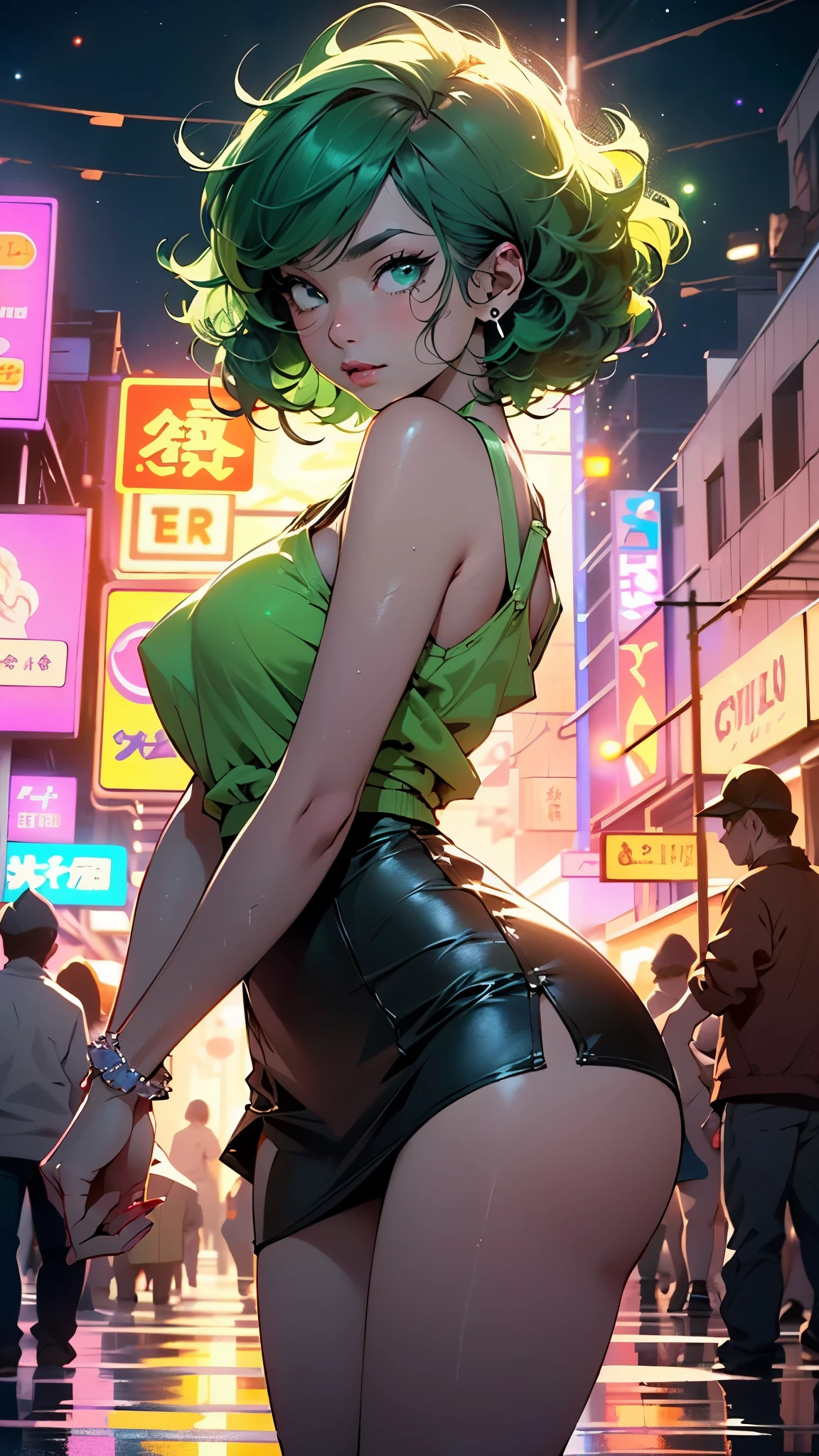 girl youtuber,(((1girl))),((extremely cute and beautiful green curly-haired girl)),
(short breasts:1.4),big butt,(((green curly hair:1.35,very curly hair,colored inner hair,ear breathing,short hair))),(((green_eyes:1.3))),intricate eyes,beautiful detailed eyes,symmetrical eyes,big eyes:1.3,((fat)),(((lustrous skin:1.5,bright skin: 1.5,skin tanned,shiny skin,very shiny skin,shiny body,plastic glitter skin,exaggerated shiny skin,illuminated skin,wet legs))),detailed body,(detailed face),
cute,slutty,seductive,erotic,(((nsfw))),
zettai ryouiki,revealing clothing,show skin,((rave mini-skirt,visible thong straps,white loose tank top with an anime art print)),((wet clothes,intricate outfit,intricate clothes)),
(dynamic pose:1.0),embarrassed,(centered,scale to fit dimensions,Rule of thirds),
cyberpunk city by the ocean at night, with bright neon signs and dark stormy clouds and puddles, scenery:1.25,nighttime, starry night, cosmos,Very dark night that makes the neon lights stand out, very bright neon lights,nighttime, starry night, cosmos,
artistic photography,(photography taken by sldr),highres, sharp focus,(ultra detailed, extremely detailed), (photorealistic artwork:1.37),(extremely detailed CG unity 8k wallpaper),((synthwave background theme)),(((vibrant colors))),intricate,(intricate background),(masterpiece),(best quality),perfect rendered face,perfect face details,realistic face,photo realistic,analog style,((intricate detail)),(((realism))),